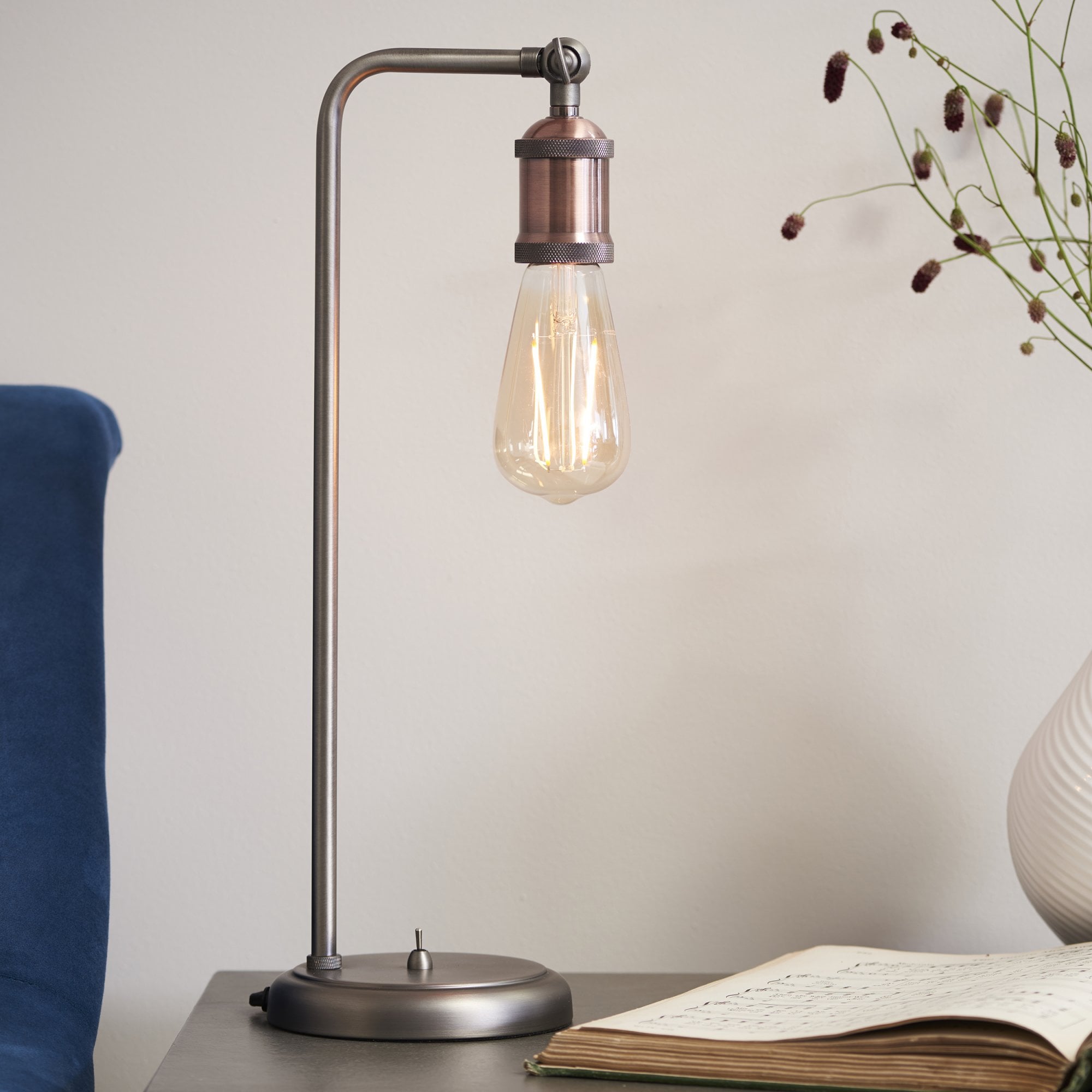 Endon Hal Single Light Arm Table Lamp - Aged Pewter & Aged Copper Plate