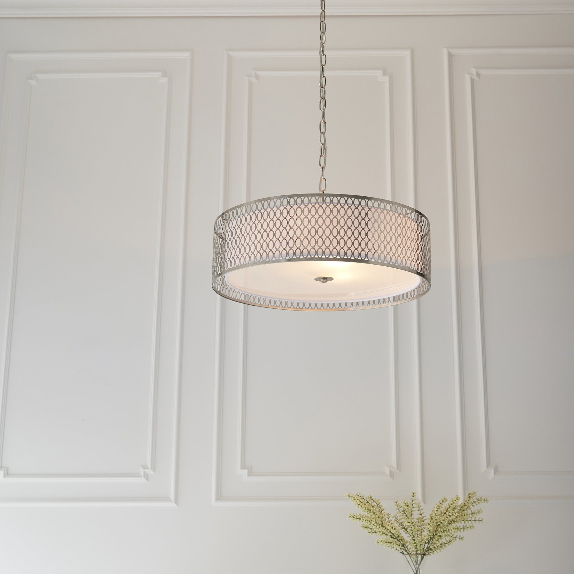 Endon Cordero 3 Light Pendant - Satin Nickel Plate & White Fabric