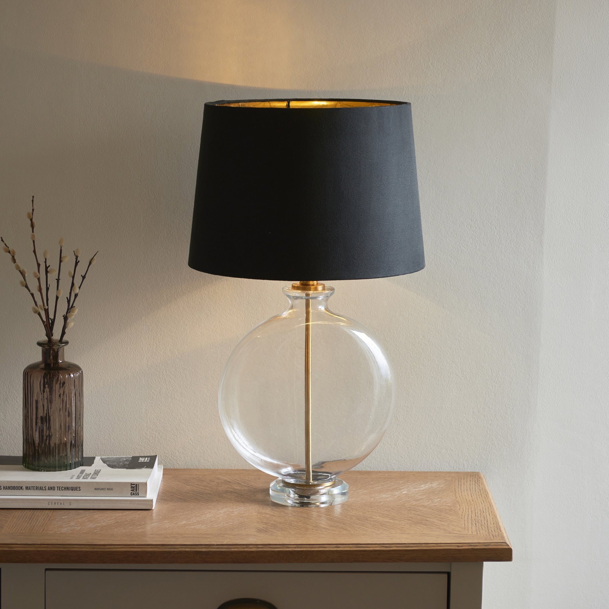 Endon Gideon Single Light Table Lamp - Clear Glass & Antique Brass Plate