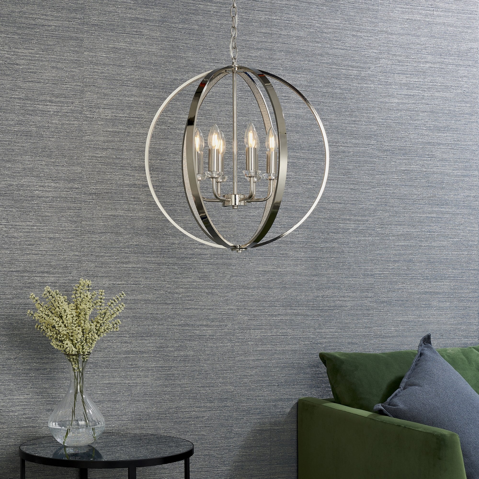 Endon Ritz 6 Light Pendant - Bright Nickel Plate & Clear Faceted Acrylic