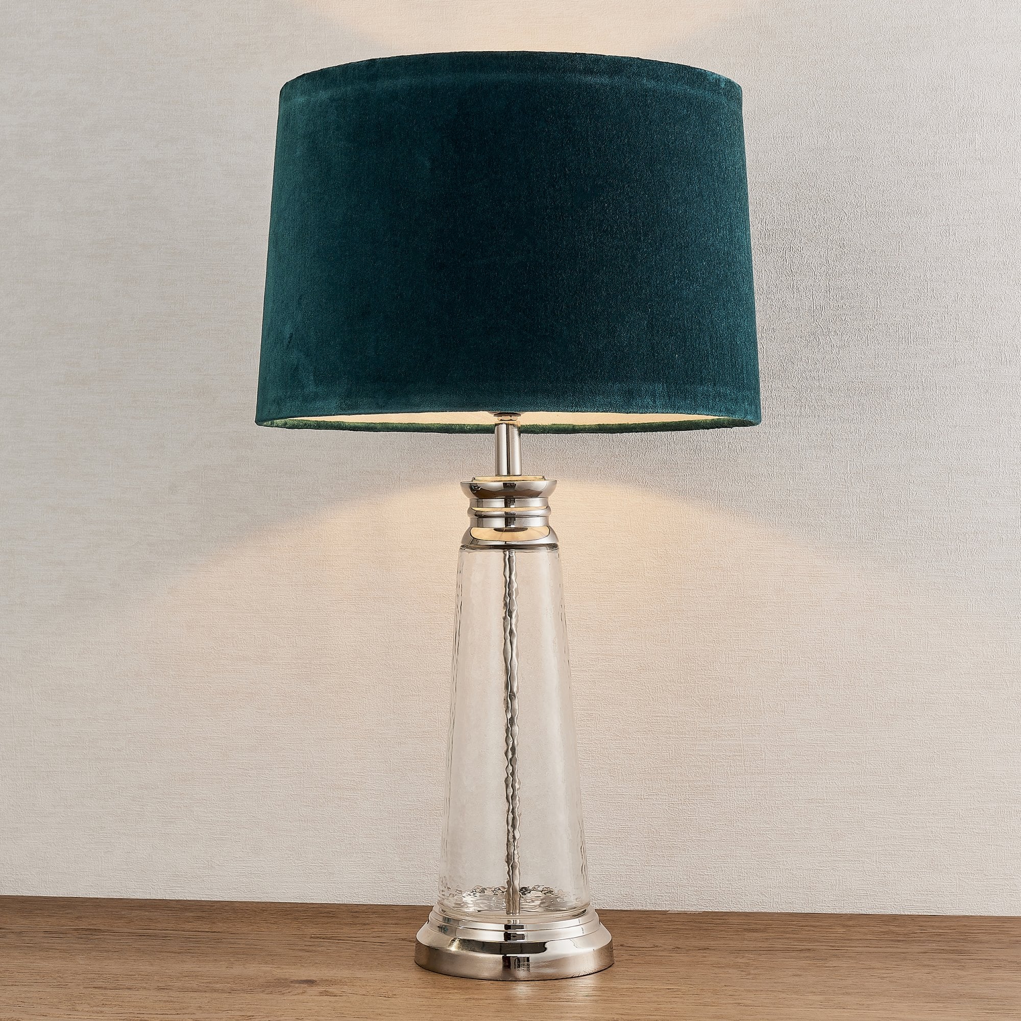 Endon Winslet Single Light Table Lamp - Clear Hammered Glass & Teal Velvet