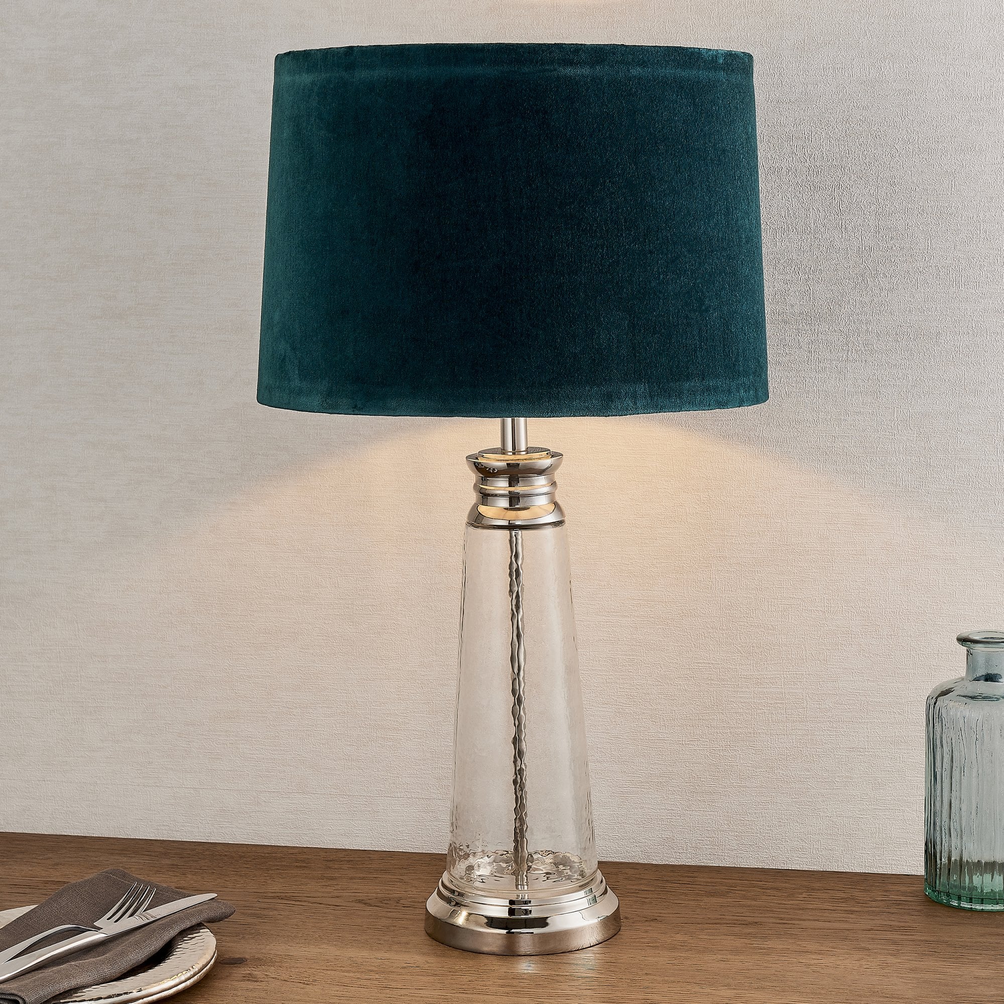 Endon Winslet Single Light Table Lamp - Clear Hammered Glass & Teal Velvet