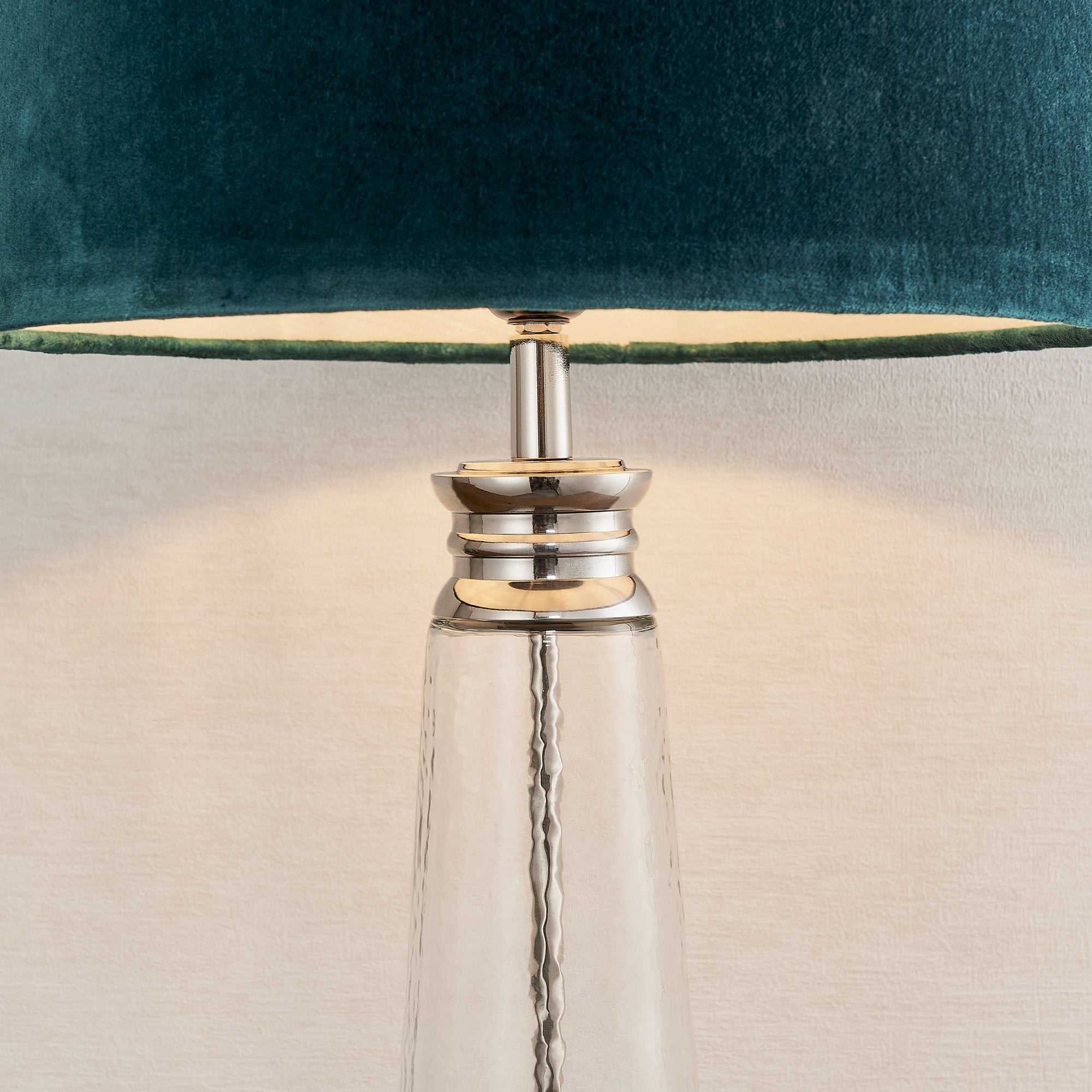 Endon Winslet Single Light Table Lamp - Clear Hammered Glass & Teal Velvet