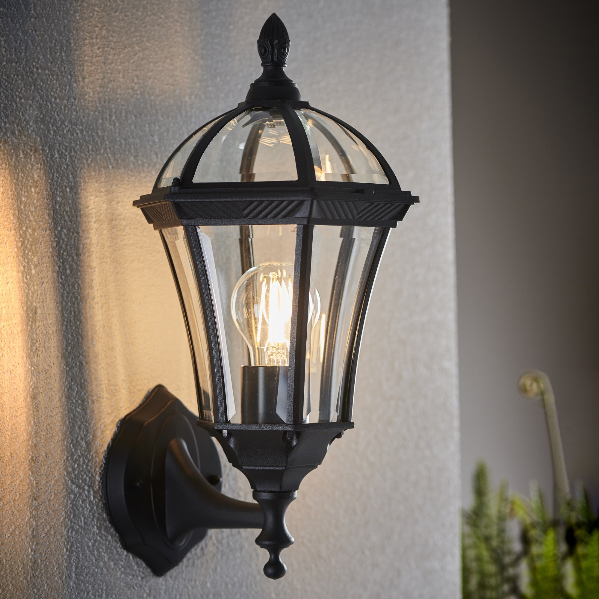 Endon Drayton Single Light Wall Up Light - Textured Black & Clear Glass