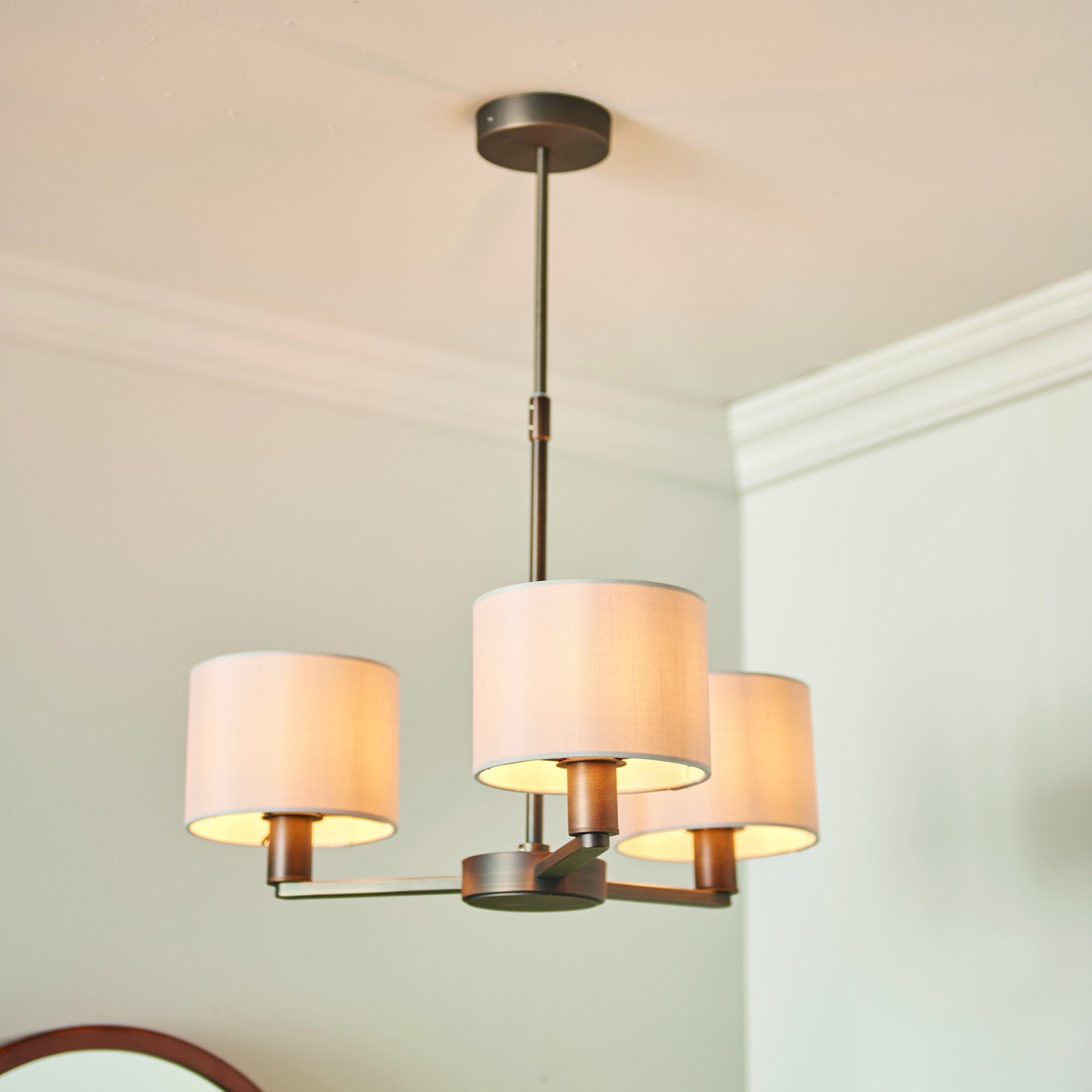 Endon Daley 3 Light Arm Pendant - Antique Bronze Plate & Marble Fabric