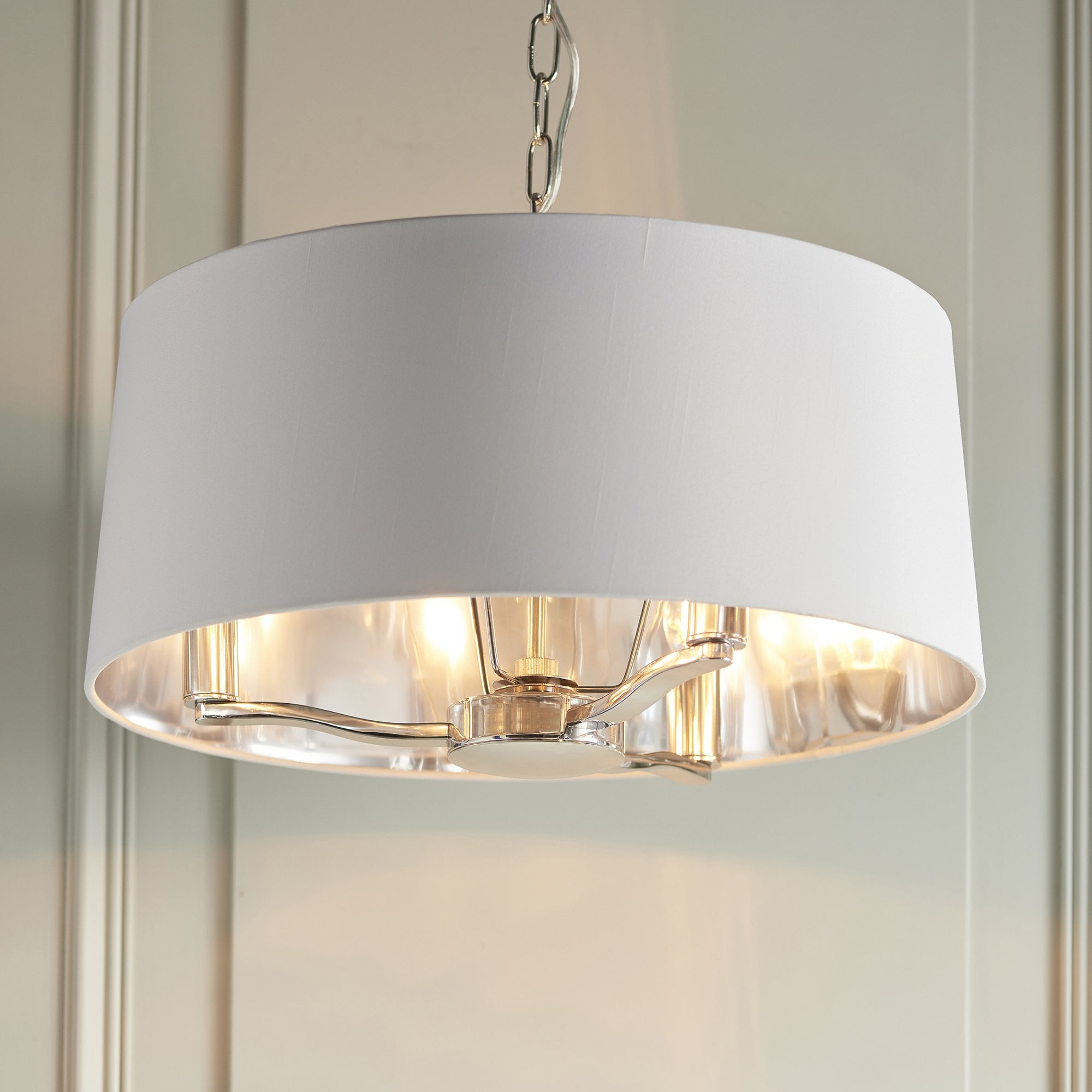 Endon Harvey 3 Light Pendant - Bright Nickel Plate & Vintage White Fabric