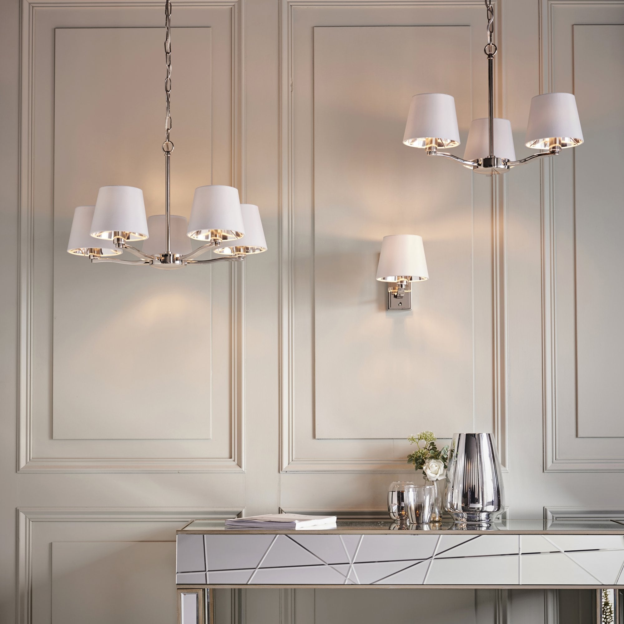 Endon Harvey 5 Light Pendant - Bright Nickel Plate & Vintage White Fabric