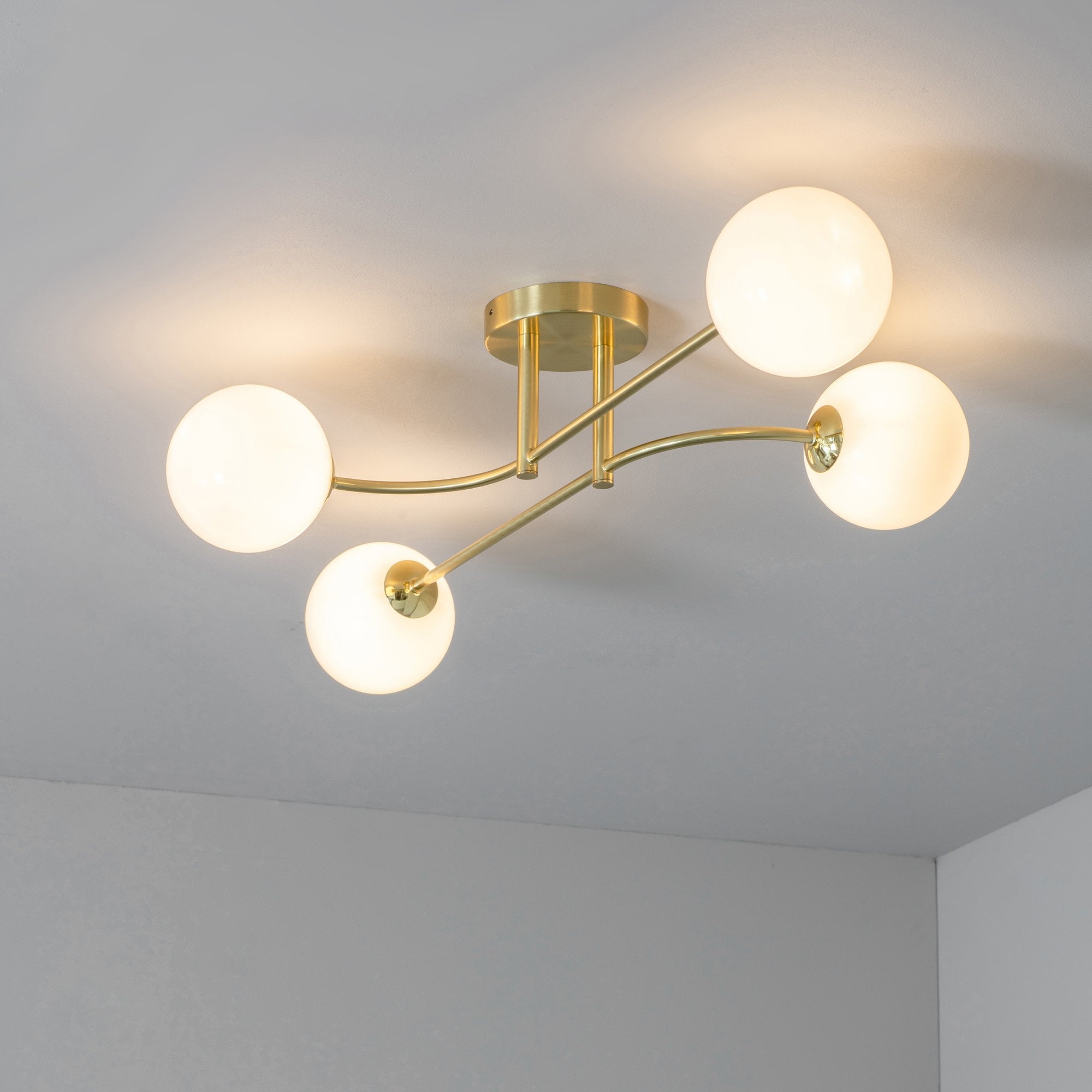 Endon Otto 4 Light Semi Flush Fitting - Satin Brass Plate & Opal Glass