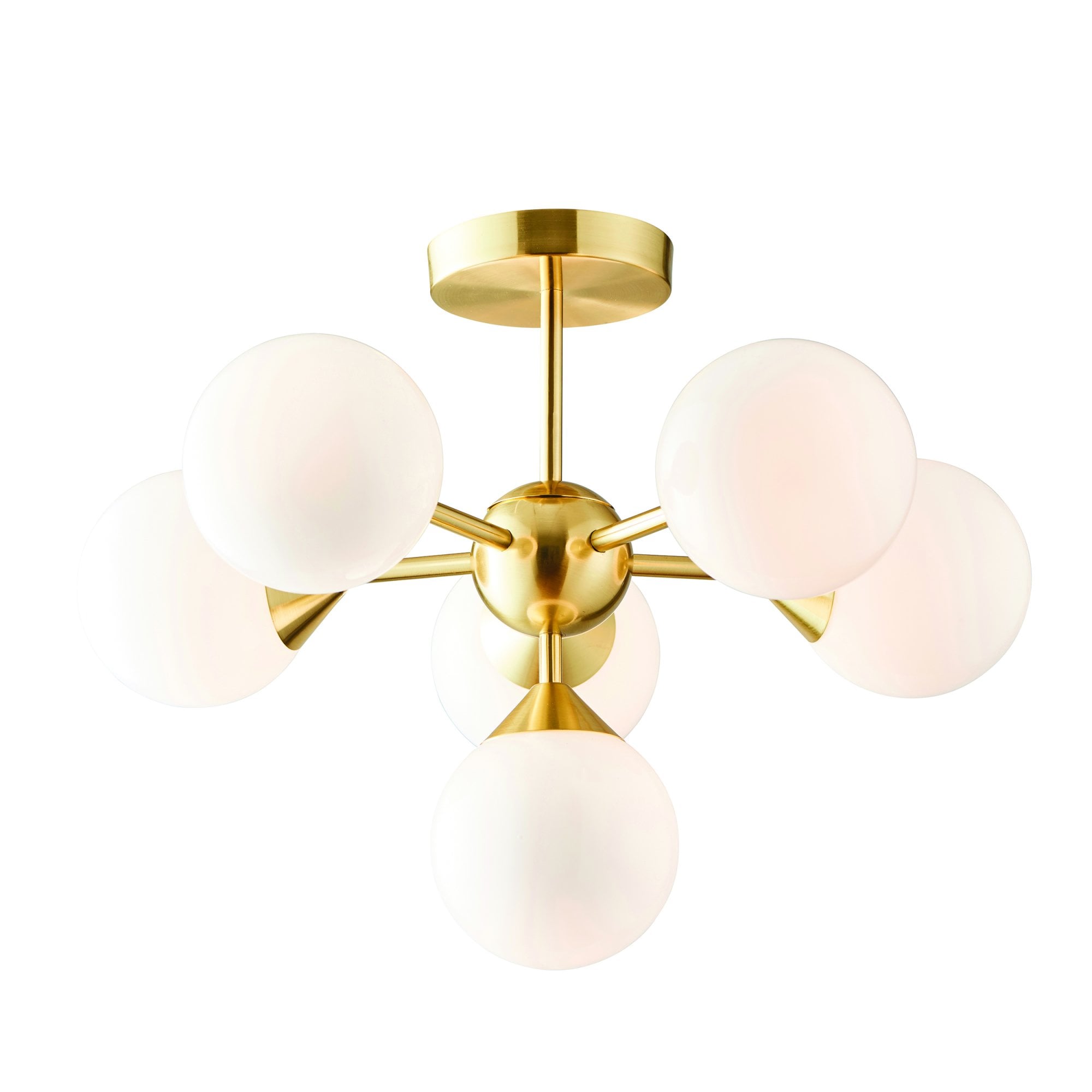 Endon Oscar 6 Light Semi Flush Fitting - Satin Brass Plate & Gloss White Glass