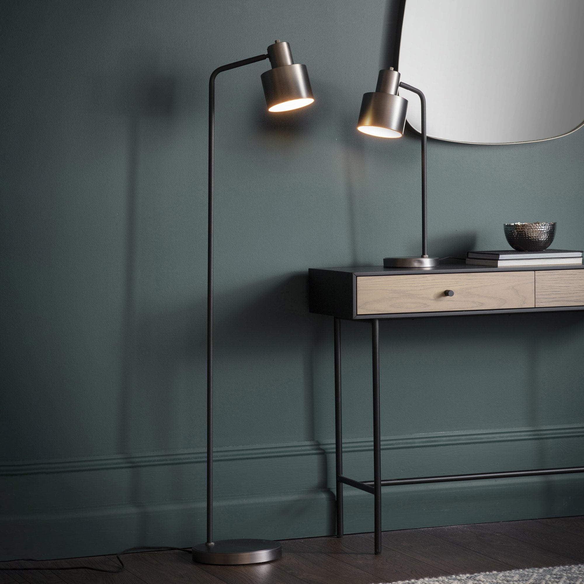 Endon Mayfield Task Single Light Floor Lamp - Brushed Silver Plate Finish & Matt Black