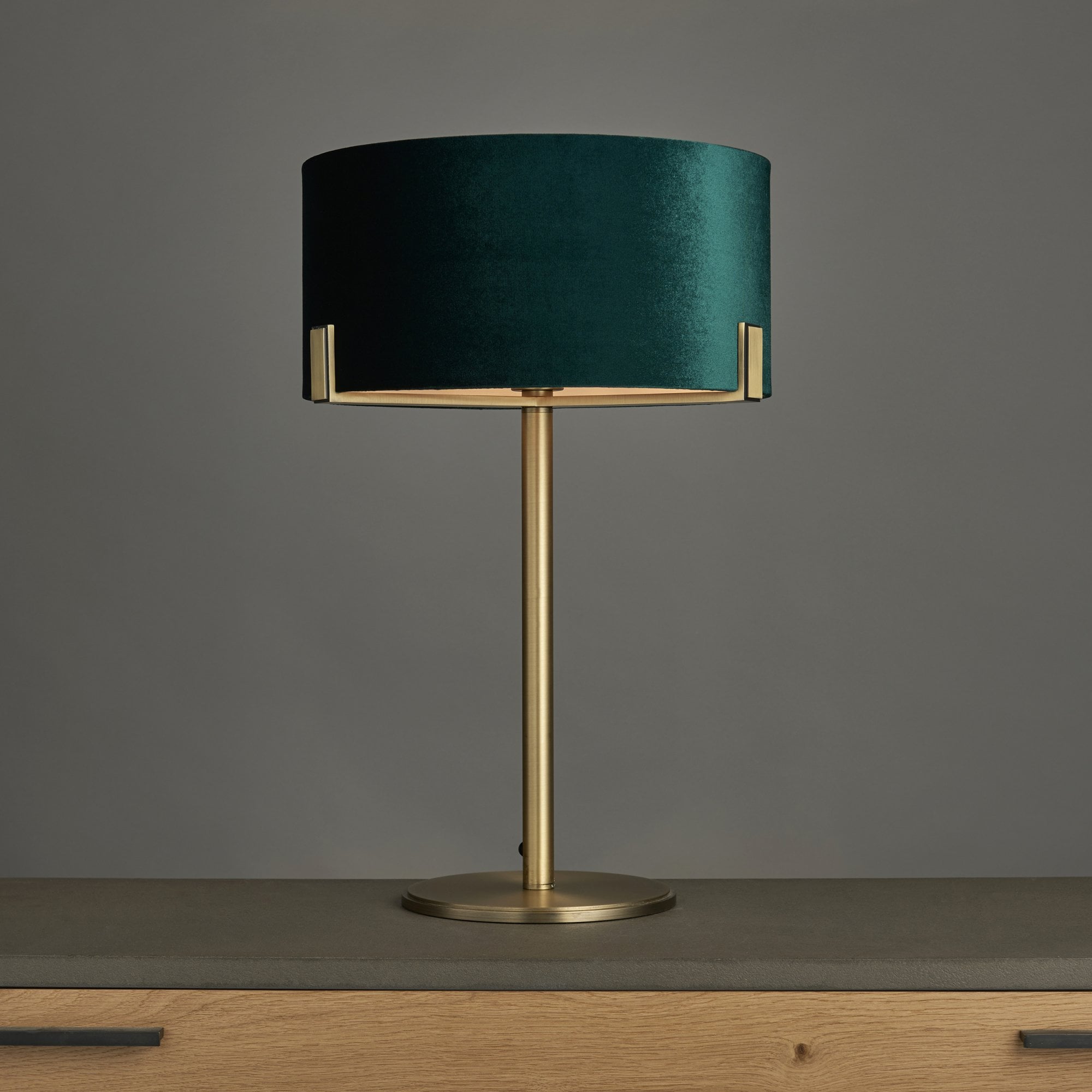Endon Hayfield Single Light Table Lamp - Matt Antique Brass Plate & Green Velvet