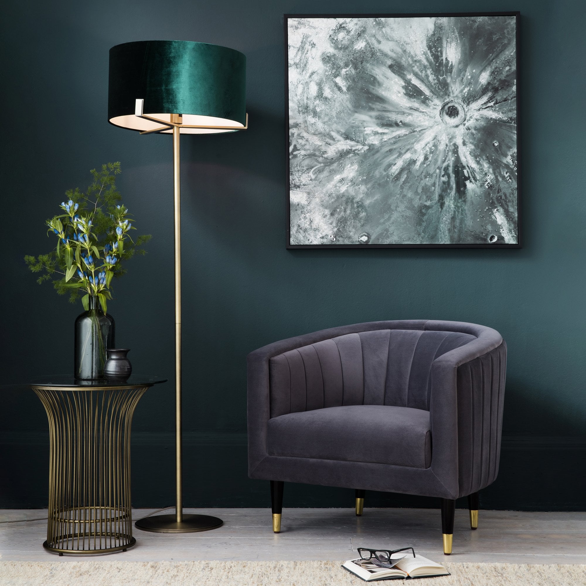 Endon Hayfield Single Light Floor Lamp - Matt Antique Brass Plate & Green Velvet