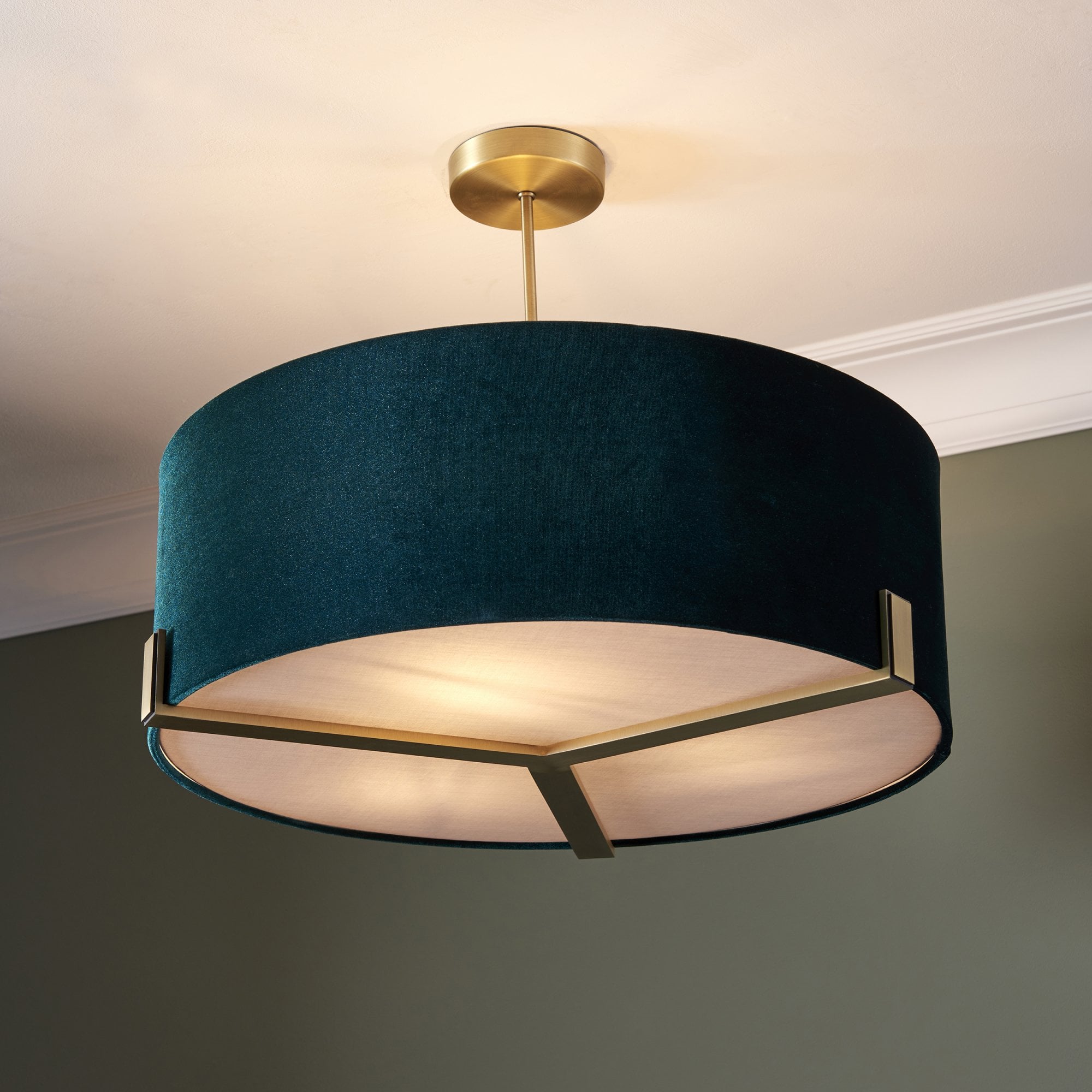 Endon Hayfield 3 Light Pendant - Matt Antique Brass Plate & Green Velvet