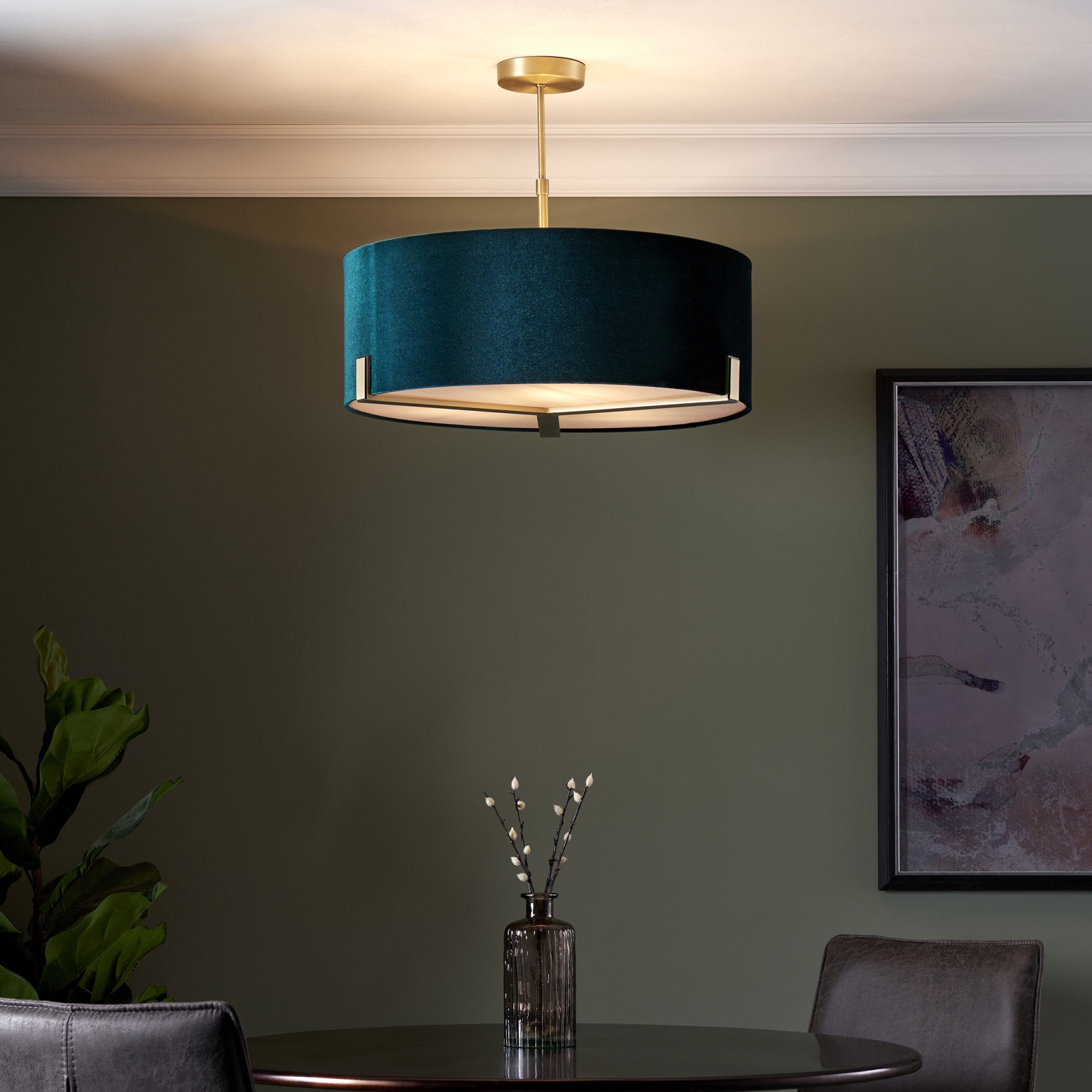 Endon Hayfield 3 Light Pendant - Matt Antique Brass Plate & Green Velvet