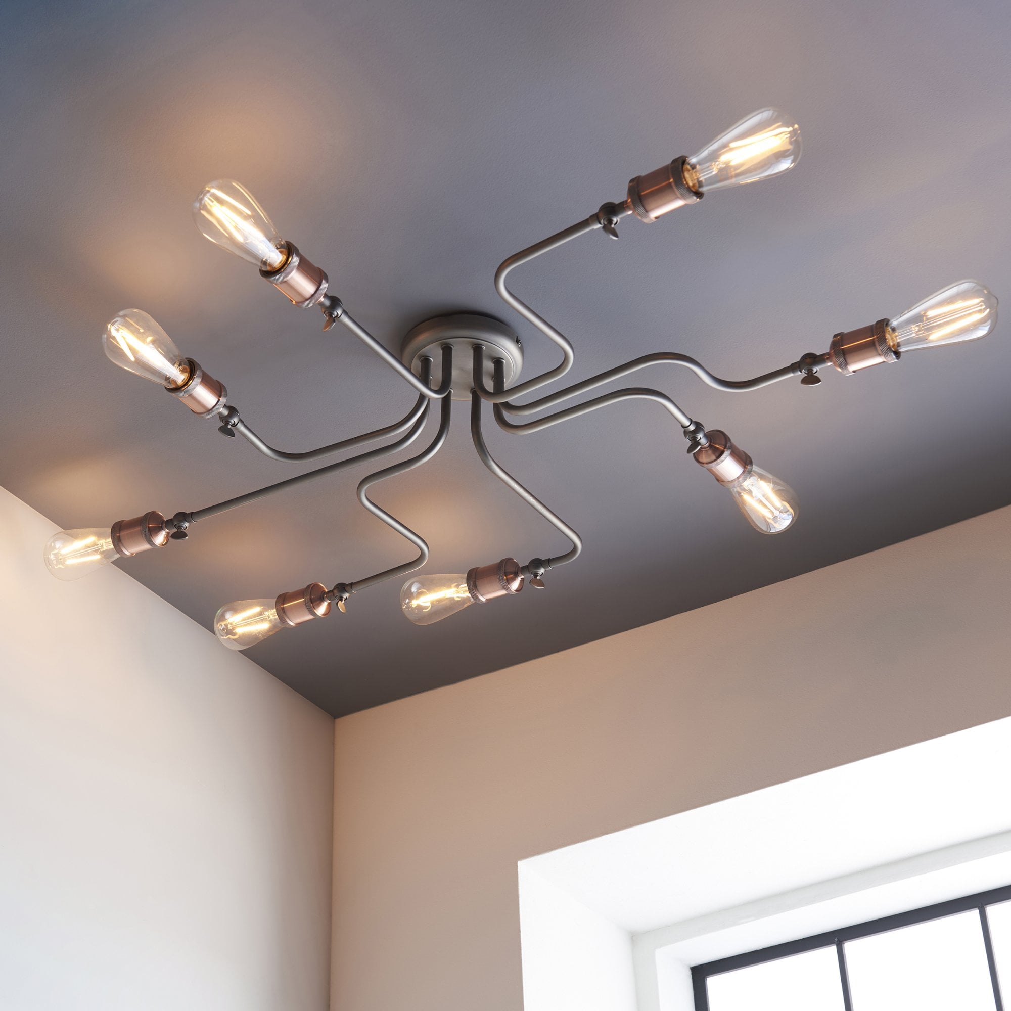 Endon Hal 8 Light Semi Flush Fitting - Aged Copper & Aged Pewter Plate
