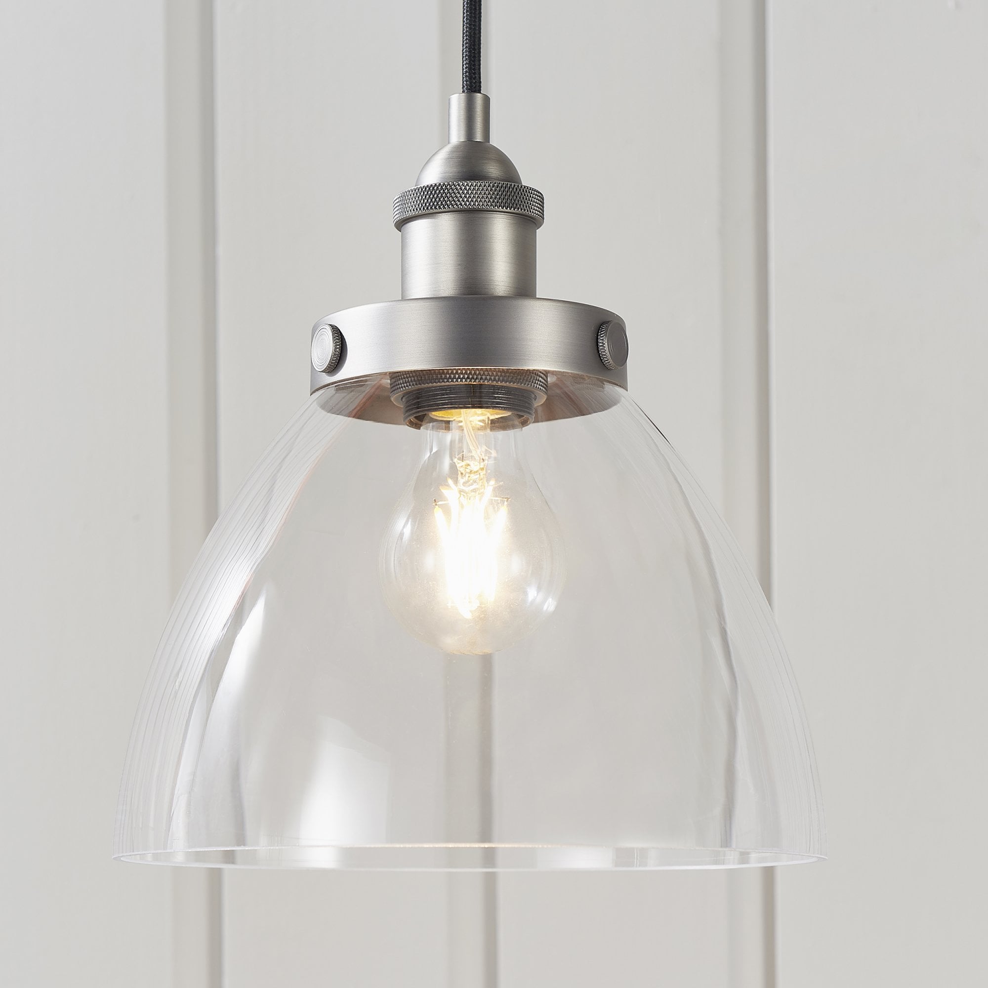 Endon Hansen Single Light Pendant - Brushed Silver Paint & Clear Glass