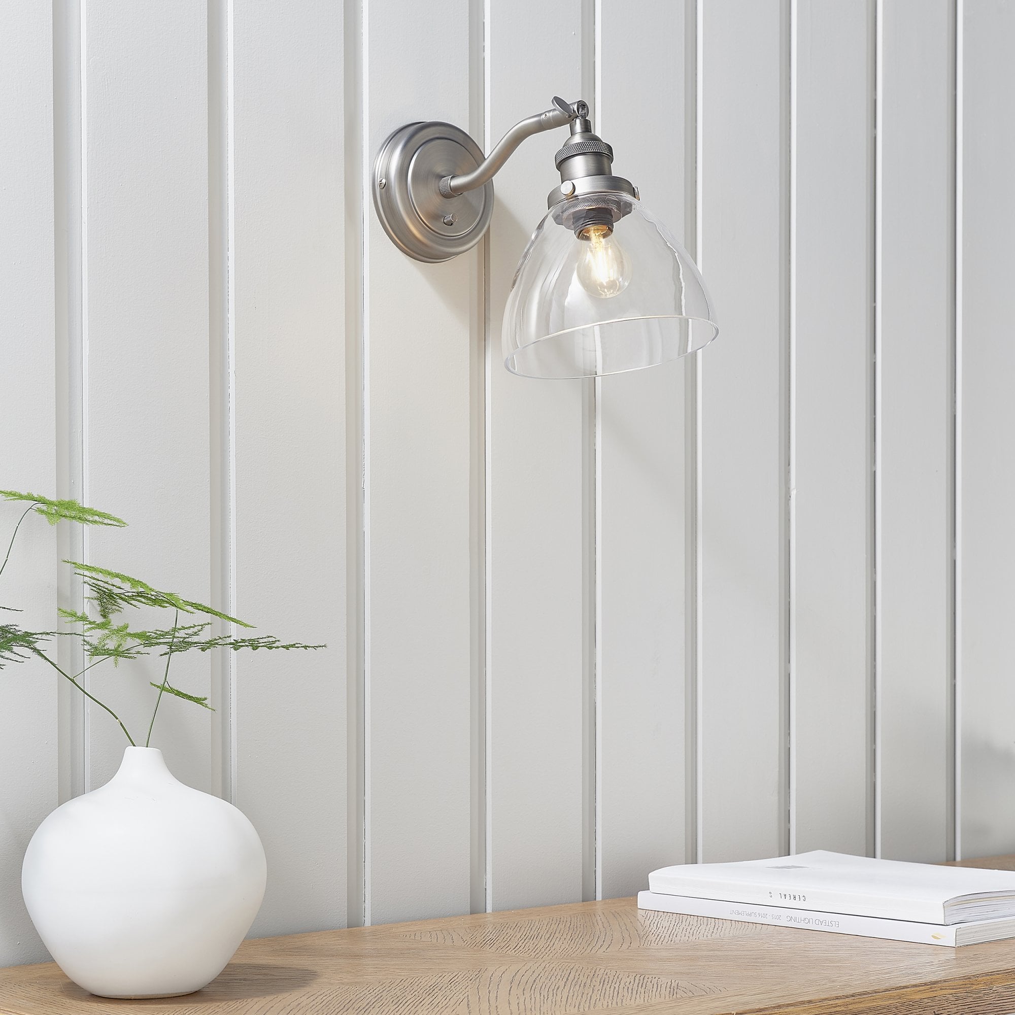 Endon Hansen Single Light Wall Light - Brushed Silver Paint & Clear Glass