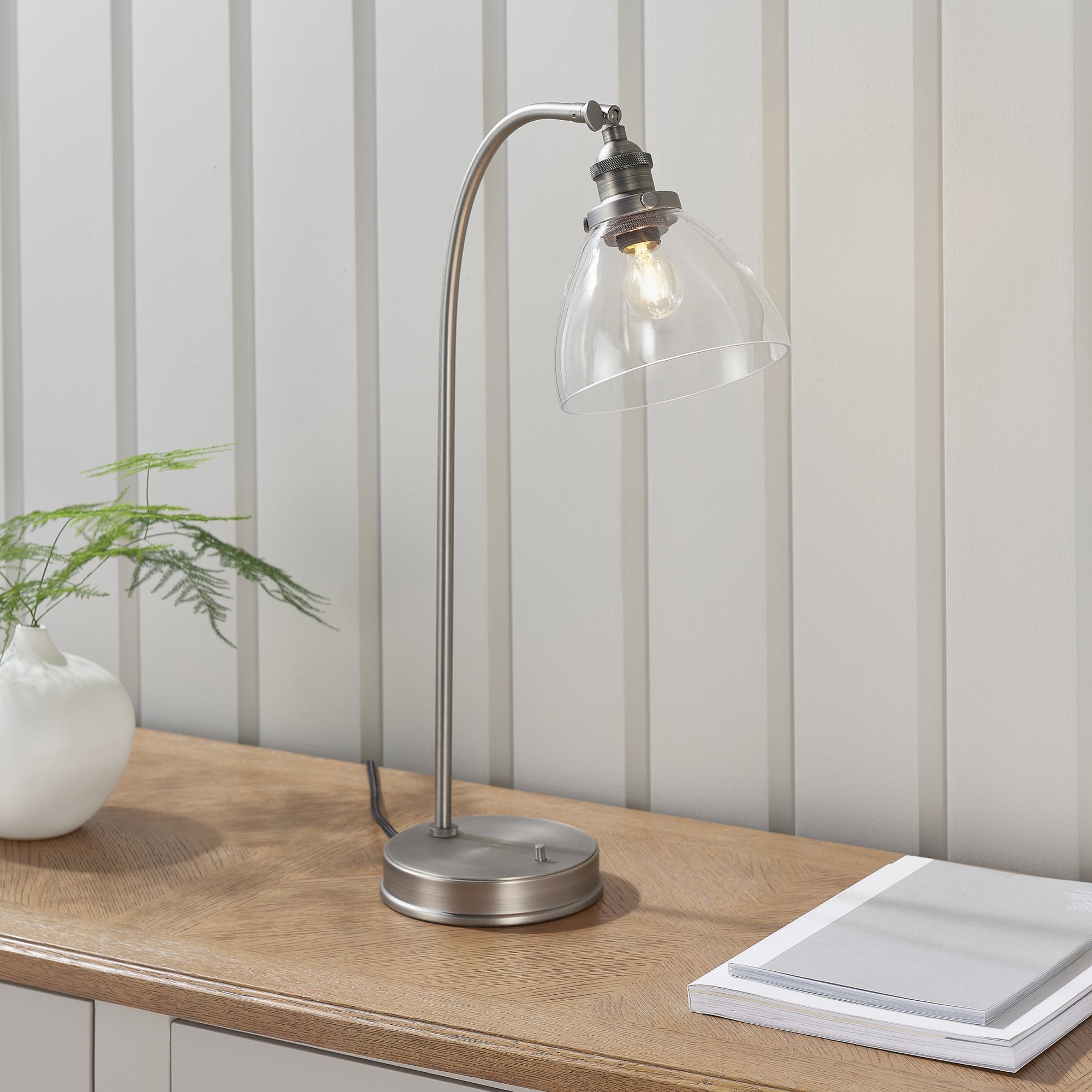 Endon Hansen Single Light Table Lamp - Brushed Silver Paint & Clear Glass