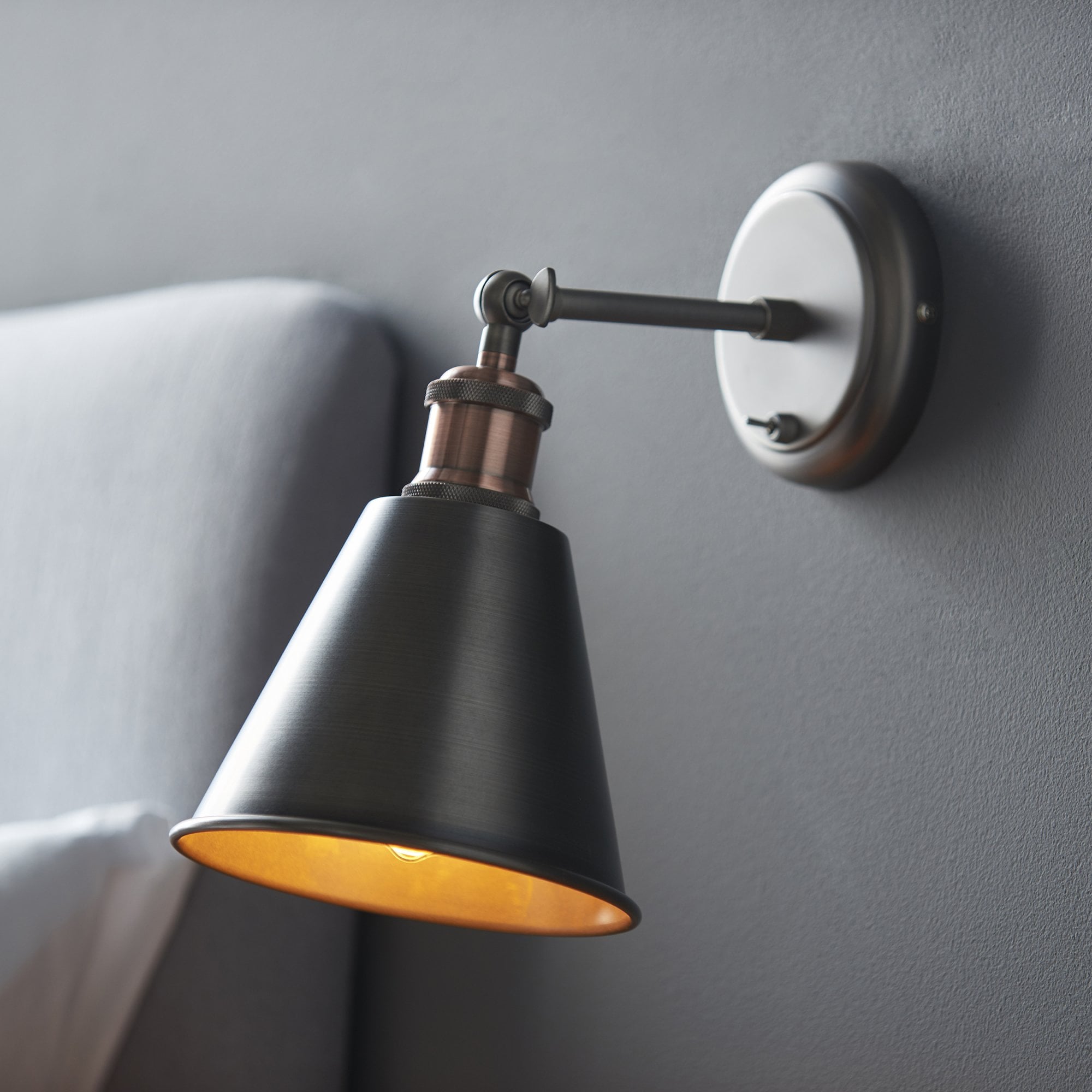 Endon Hal Single Light Wall Light with Shade - Aged Pewter & Aged Copper Plate