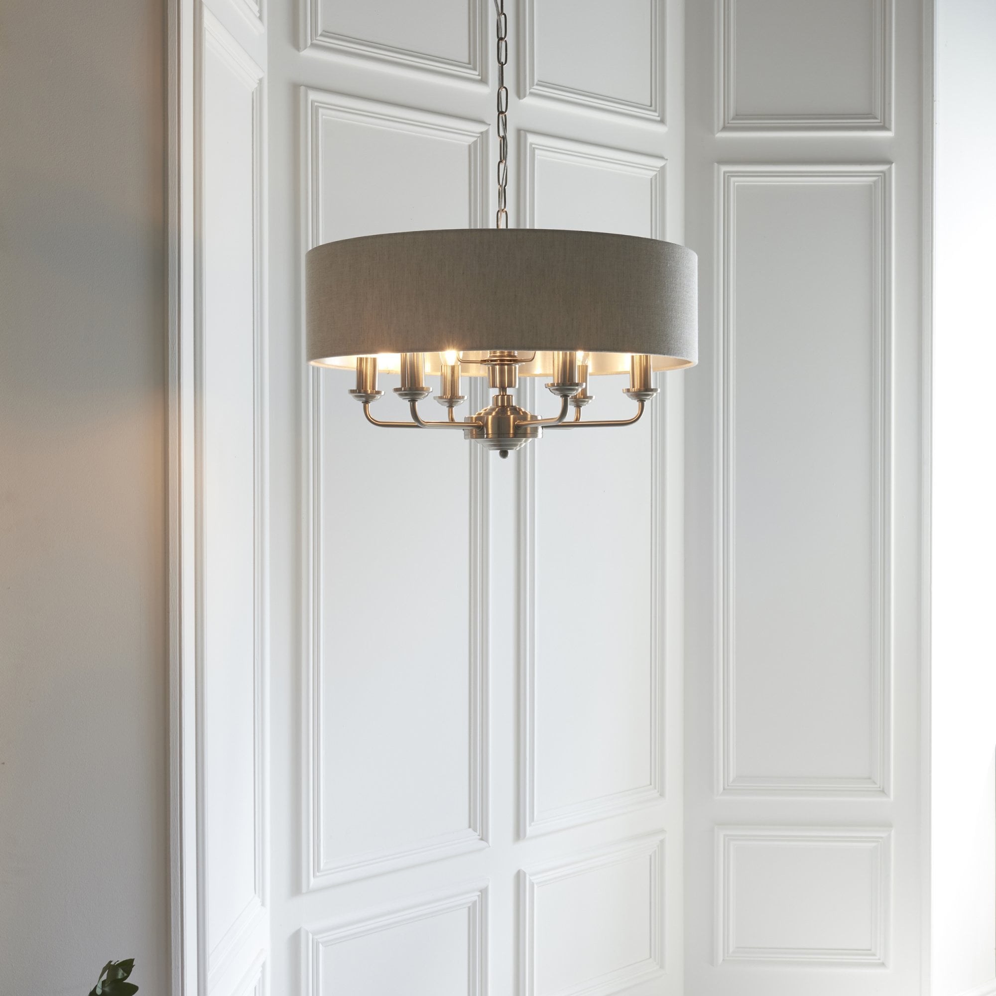 Endon Highclere 6 Light Pendant - Brushed Chrome Plate & Neutral Linen