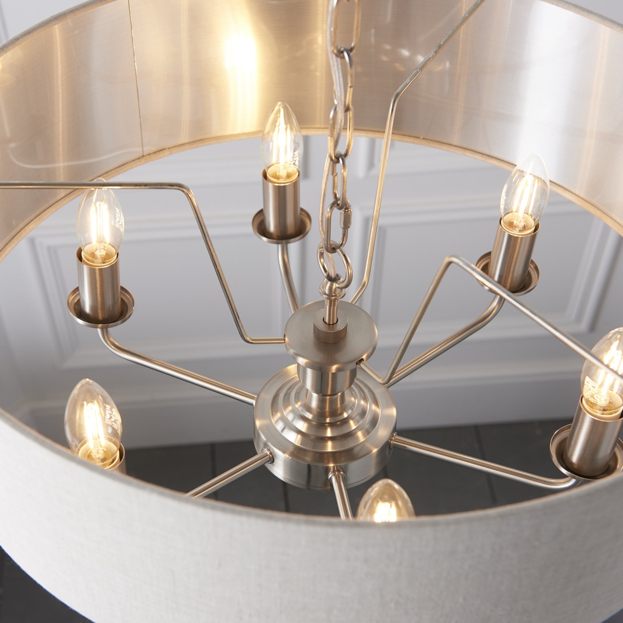 Endon Highclere 6 Light Pendant - Brushed Chrome Plate & Neutral Linen