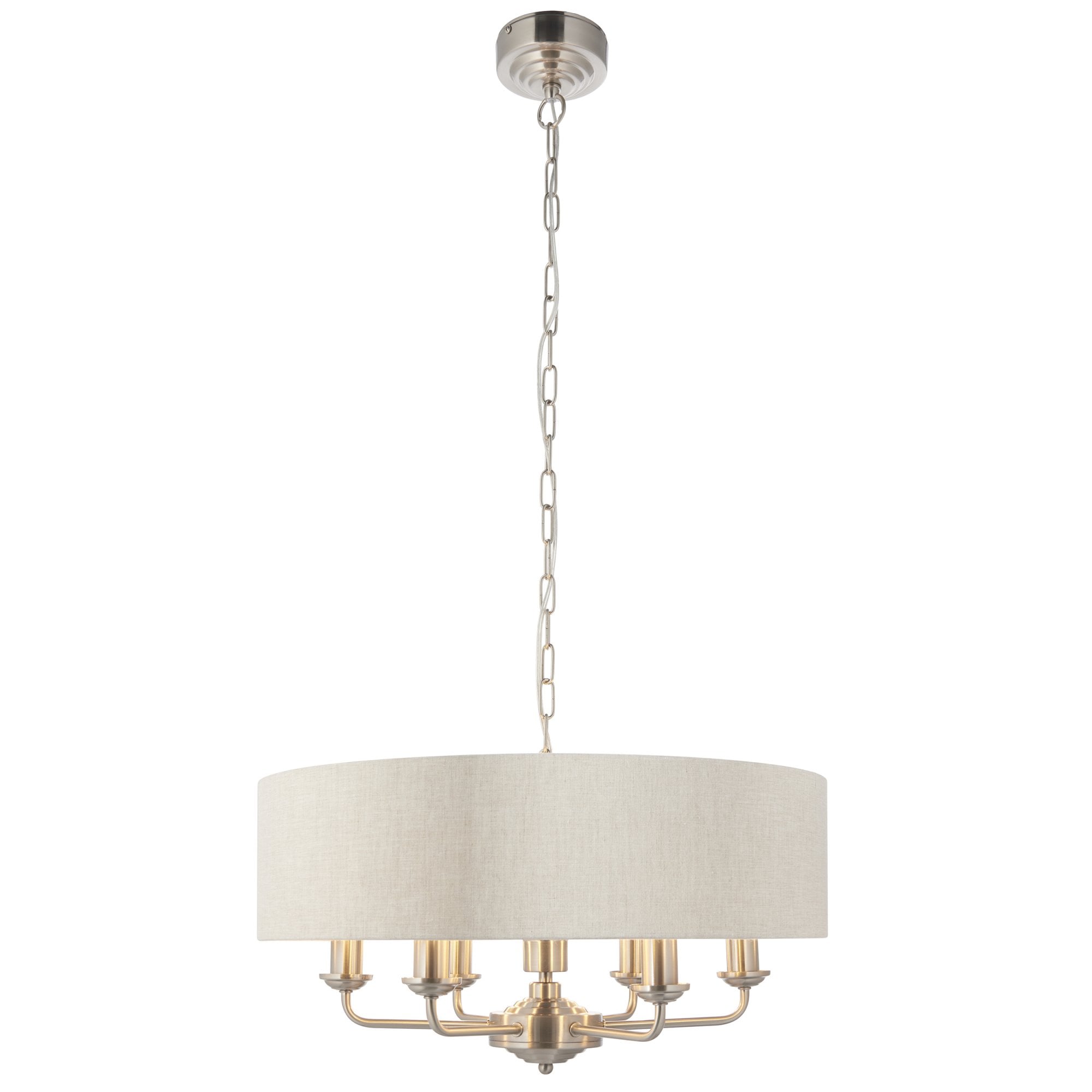 Endon Highclere 6 Light Pendant - Brushed Chrome Plate & Neutral Linen