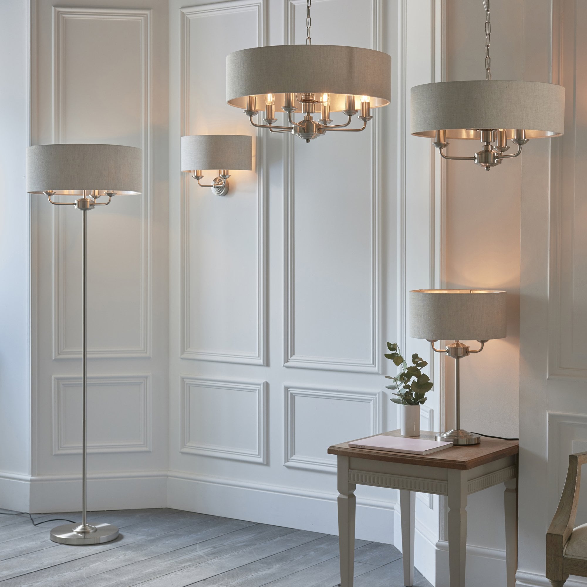 Endon Highclere 3 Light Floor Lamp - Brushed Chrome Plate & Neutral Linen