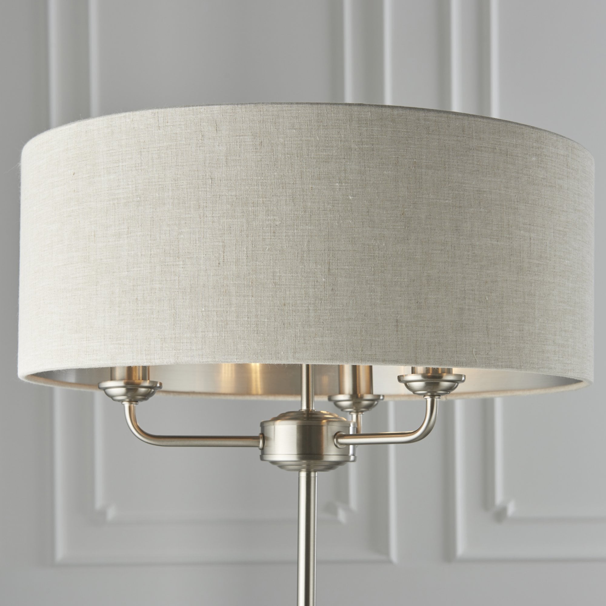 Endon Highclere 3 Light Floor Lamp - Brushed Chrome Plate & Neutral Linen