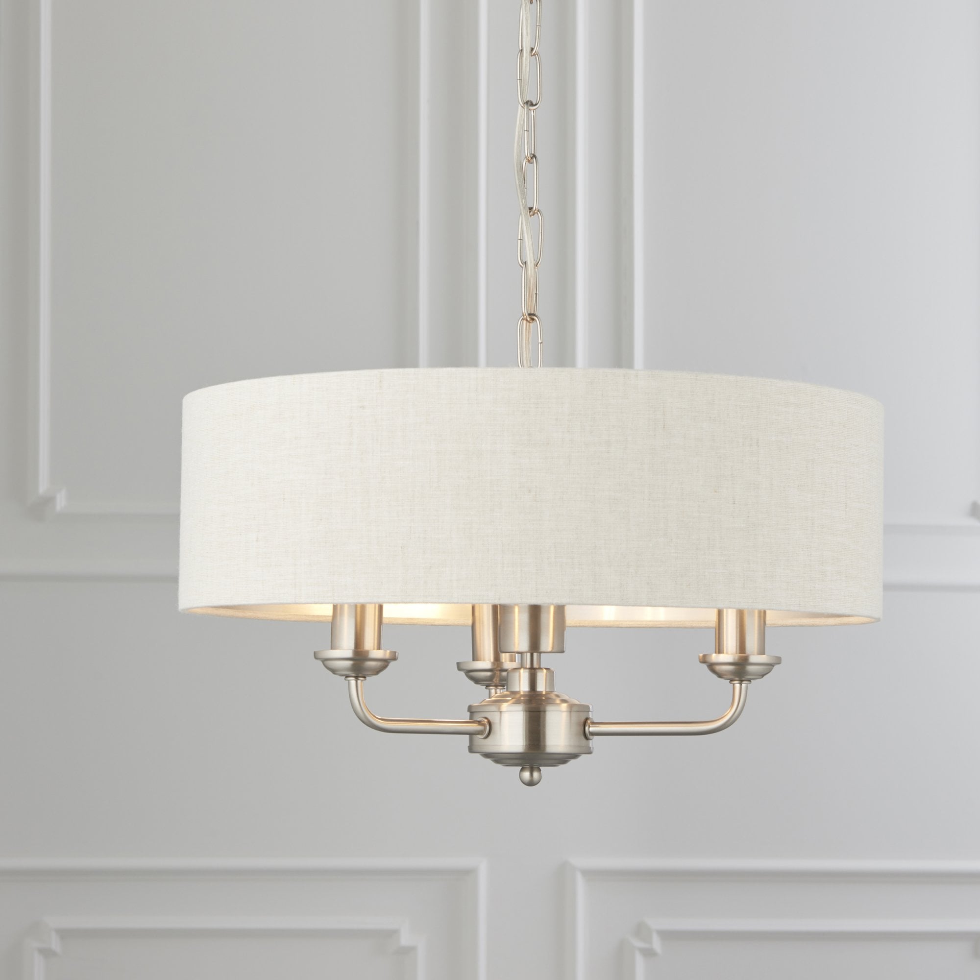 Endon Highclere 3 Light Pendant - Brushed Chrome Plate & Neutral Linen