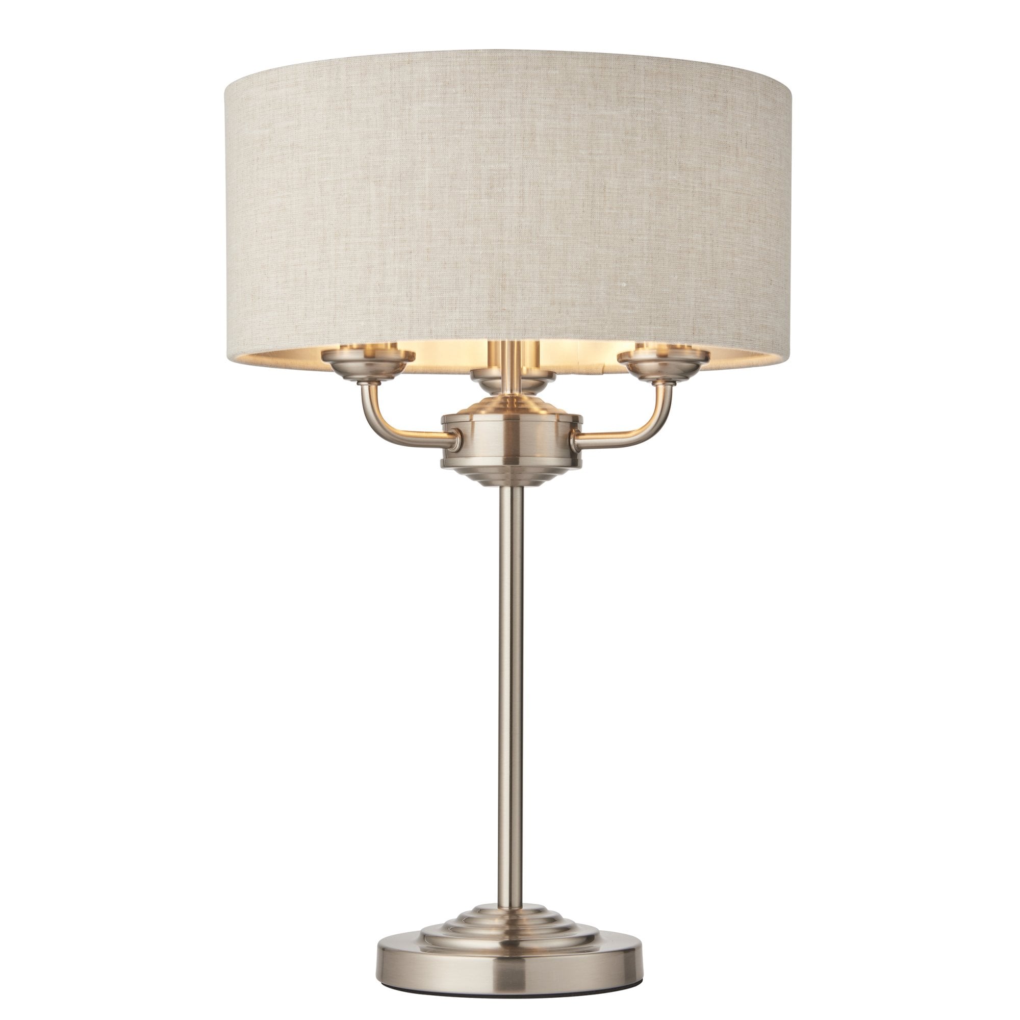 Endon Highclere 3 Light Table Lamp - Brushed Chrome Plate & Neutral Linen