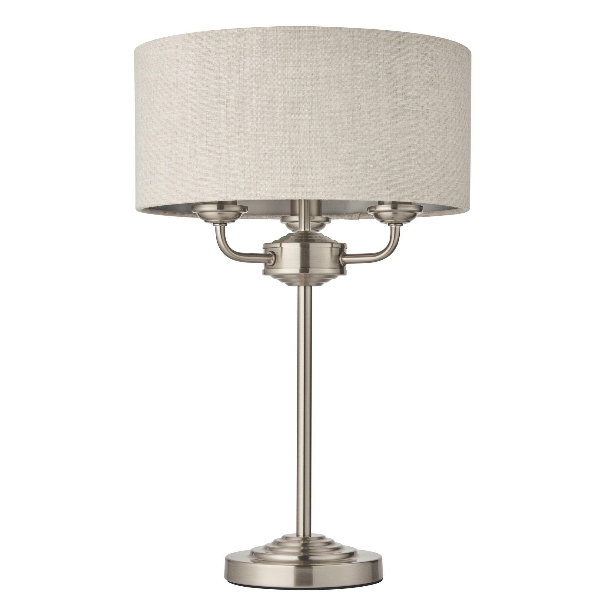 Endon Highclere 3 Light Table Lamp - Brushed Chrome Plate & Neutral Linen
