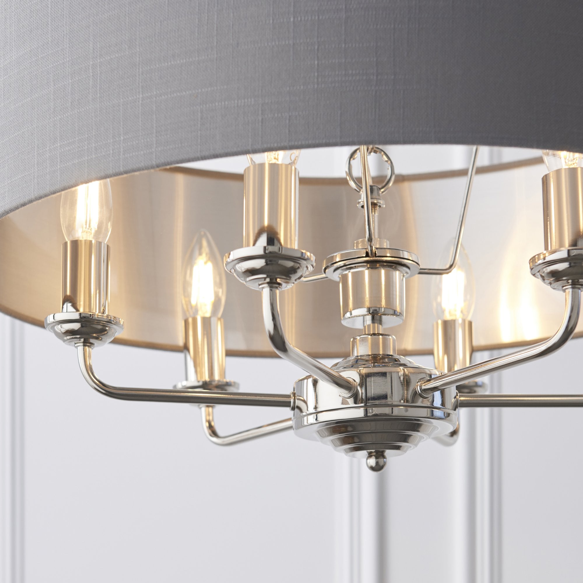 Endon Highclere 6 Light Pendant - Bright Nickel Plate & Charcoal Fabric