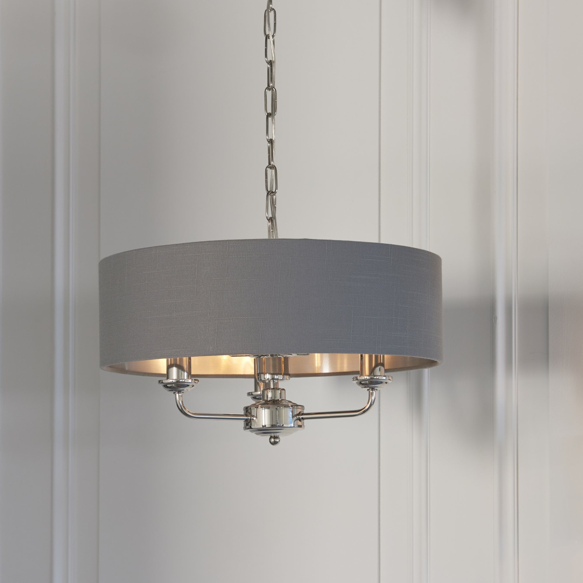 Endon Highclere 3 Light Pendant - Bright Nickel Plate & Charcoal Fabric