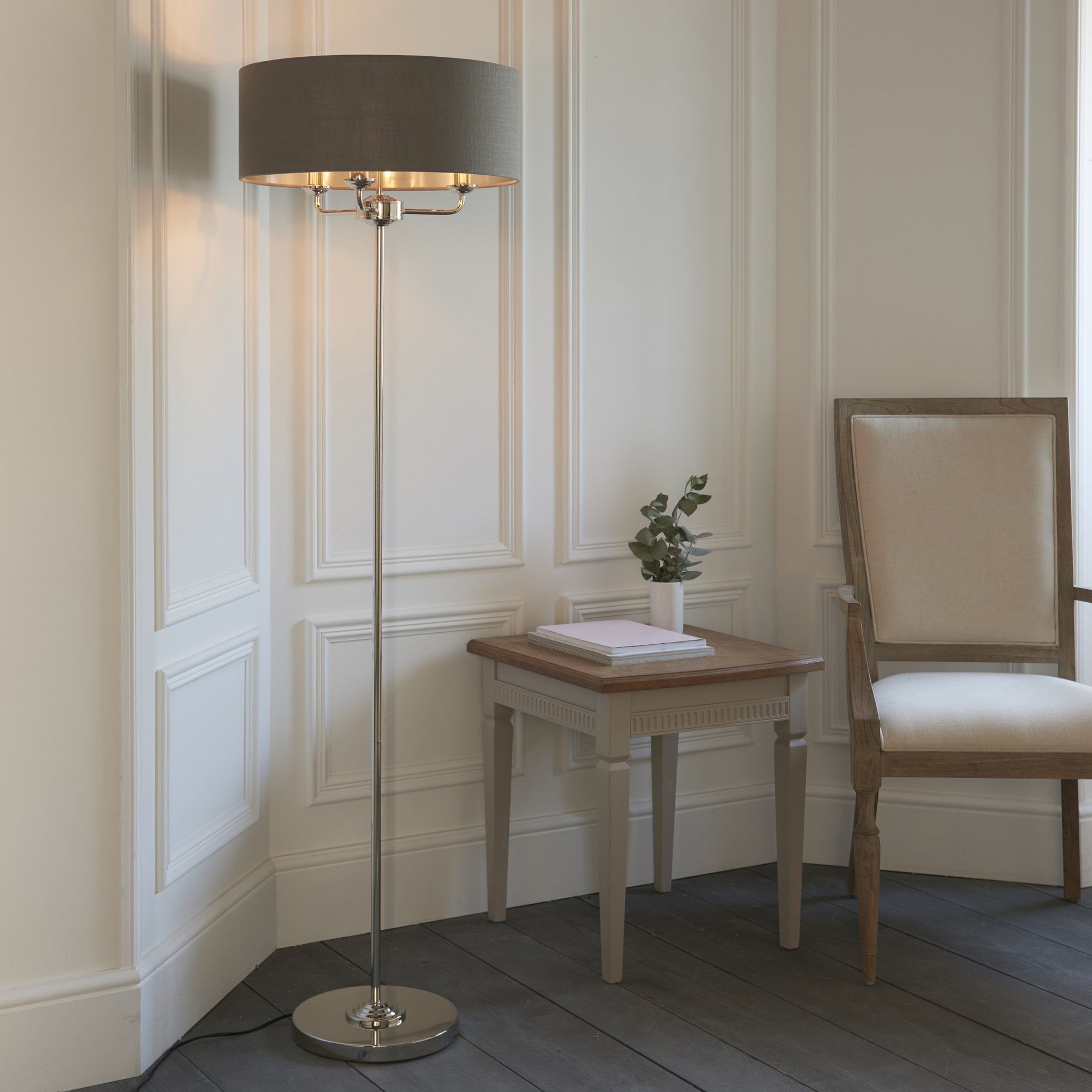 Endon Highclere 3 Light Floor Lamp - Bright Nickel Plate & Charcoal Fabric