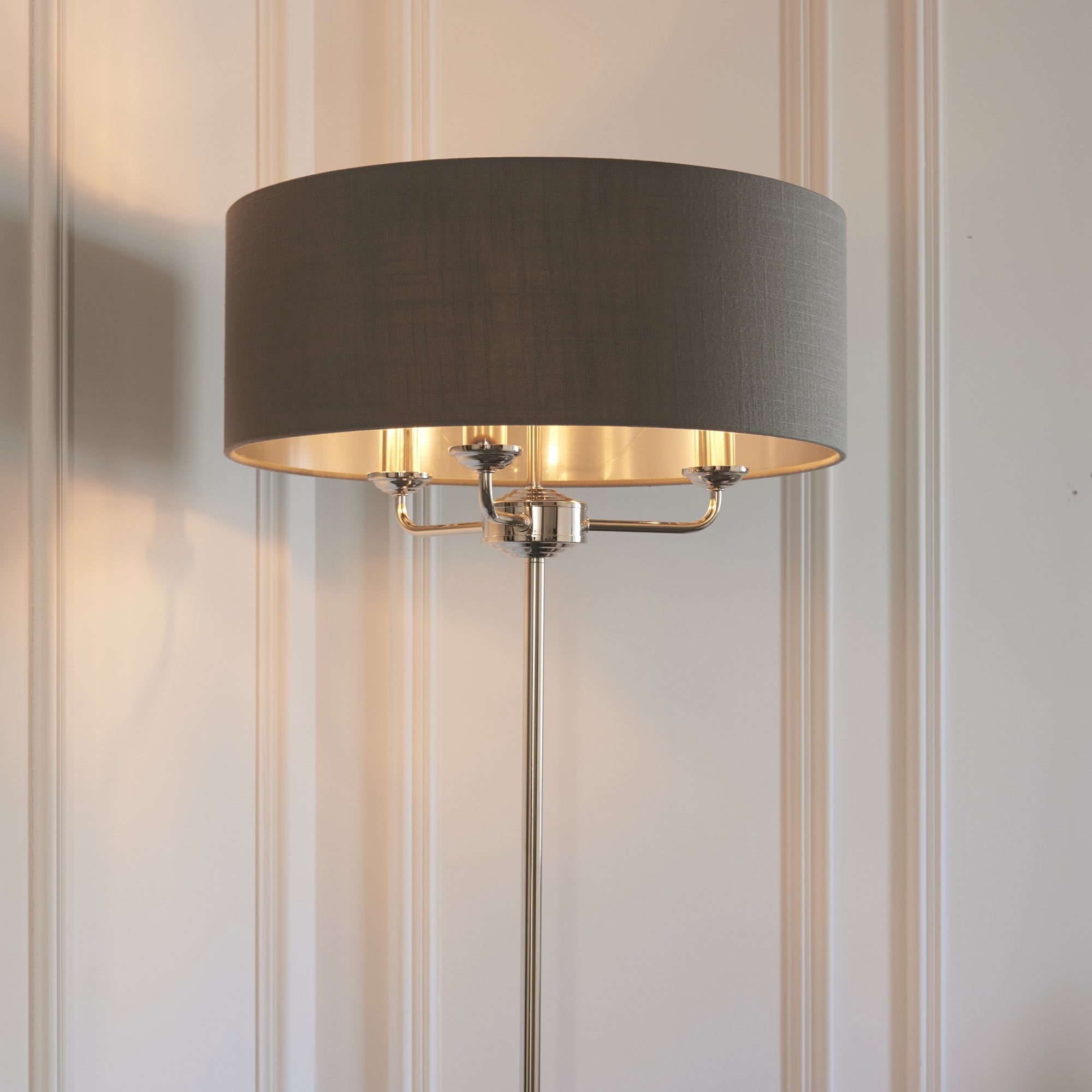 Endon Highclere 3 Light Floor Lamp - Bright Nickel Plate & Charcoal Fabric