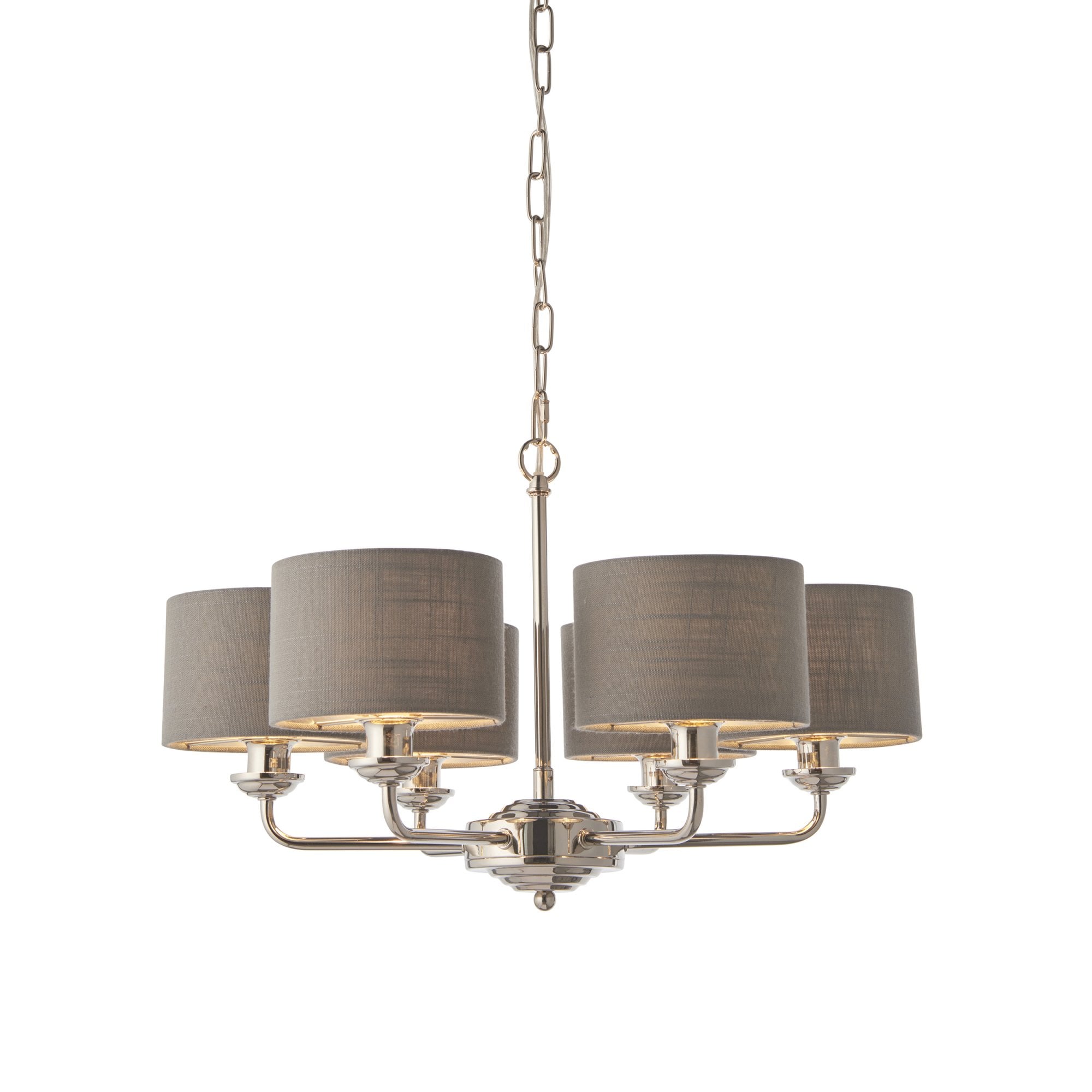 Endon Highclere 6 Light Arm Pendant - Bright Nickel Plate & Charcoal Fabric