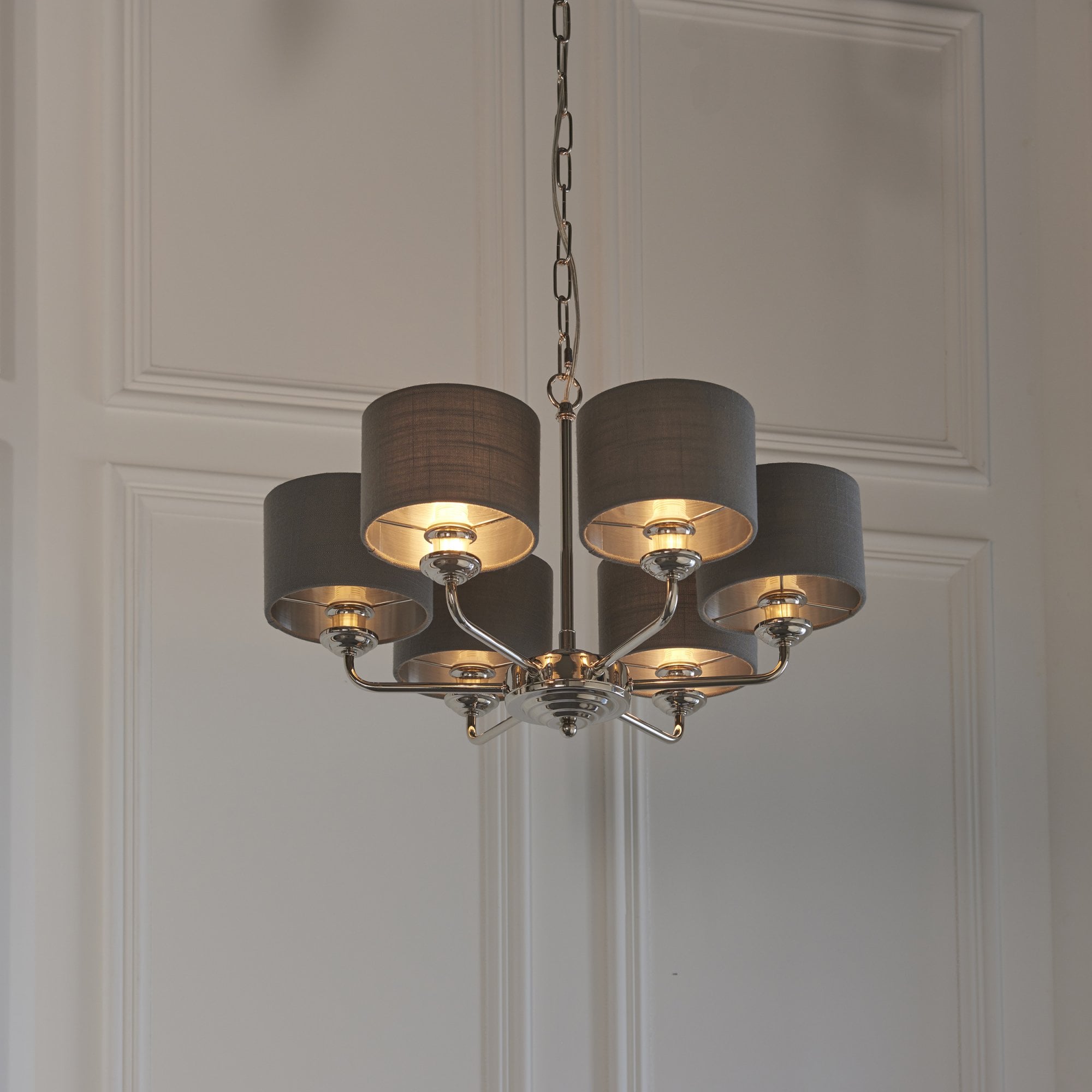 Endon Highclere 6 Light Arm Pendant - Bright Nickel Plate & Charcoal Fabric