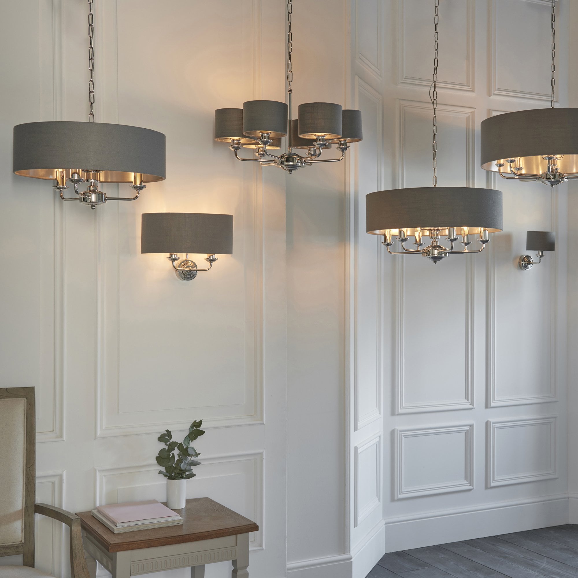 Endon Highclere 6 Light Arm Pendant - Bright Nickel Plate & Charcoal Fabric