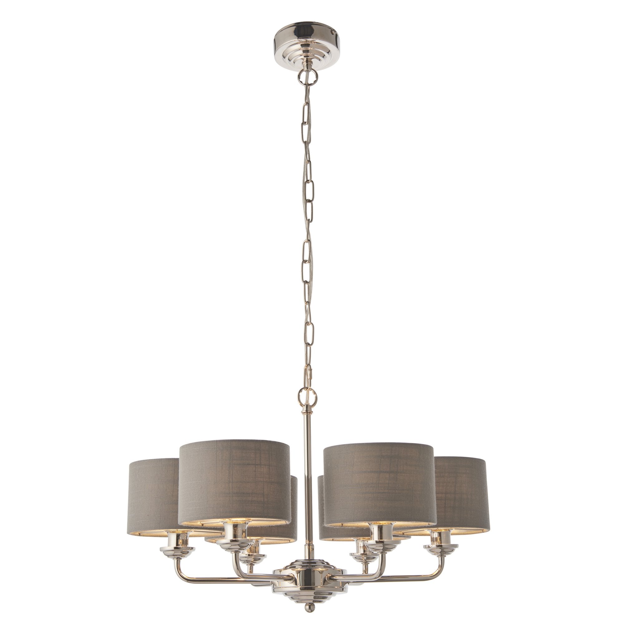 Endon Highclere 6 Light Arm Pendant - Bright Nickel Plate & Charcoal Fabric