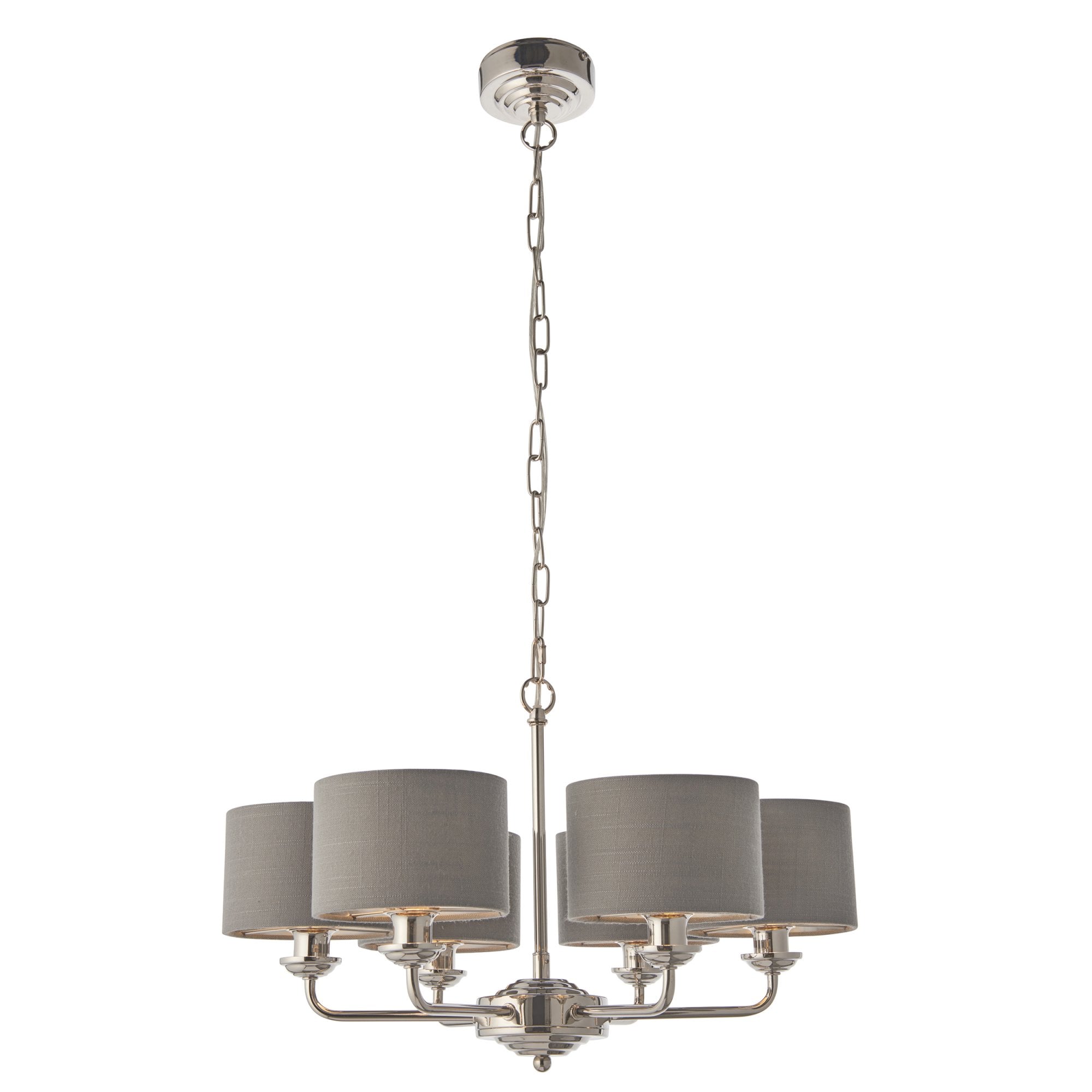 Endon Highclere 6 Light Arm Pendant - Bright Nickel Plate & Charcoal Fabric