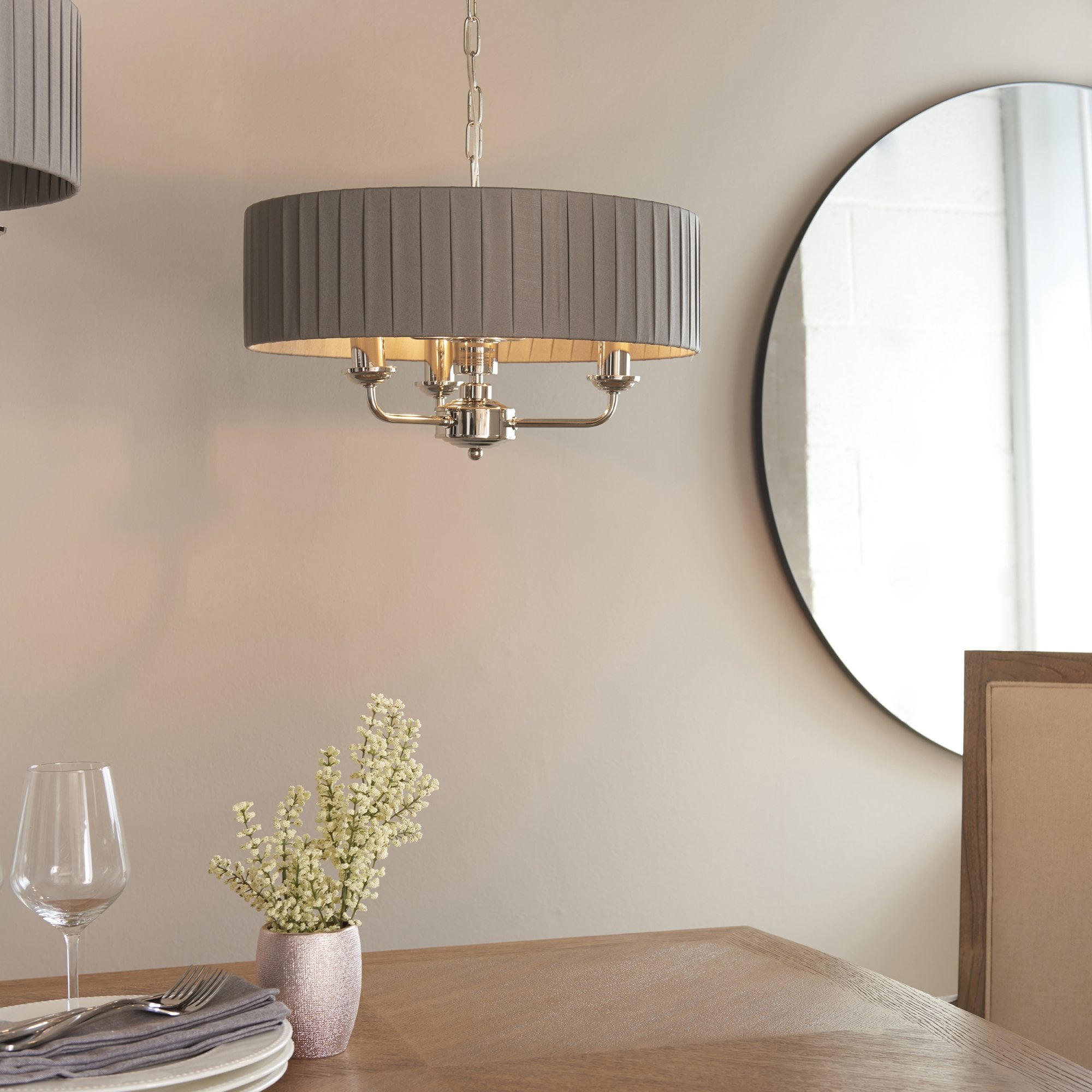 Endon Highclere 3 Light Pendant - Bright Nickel Plate & Wrapped Charcoal Fabric