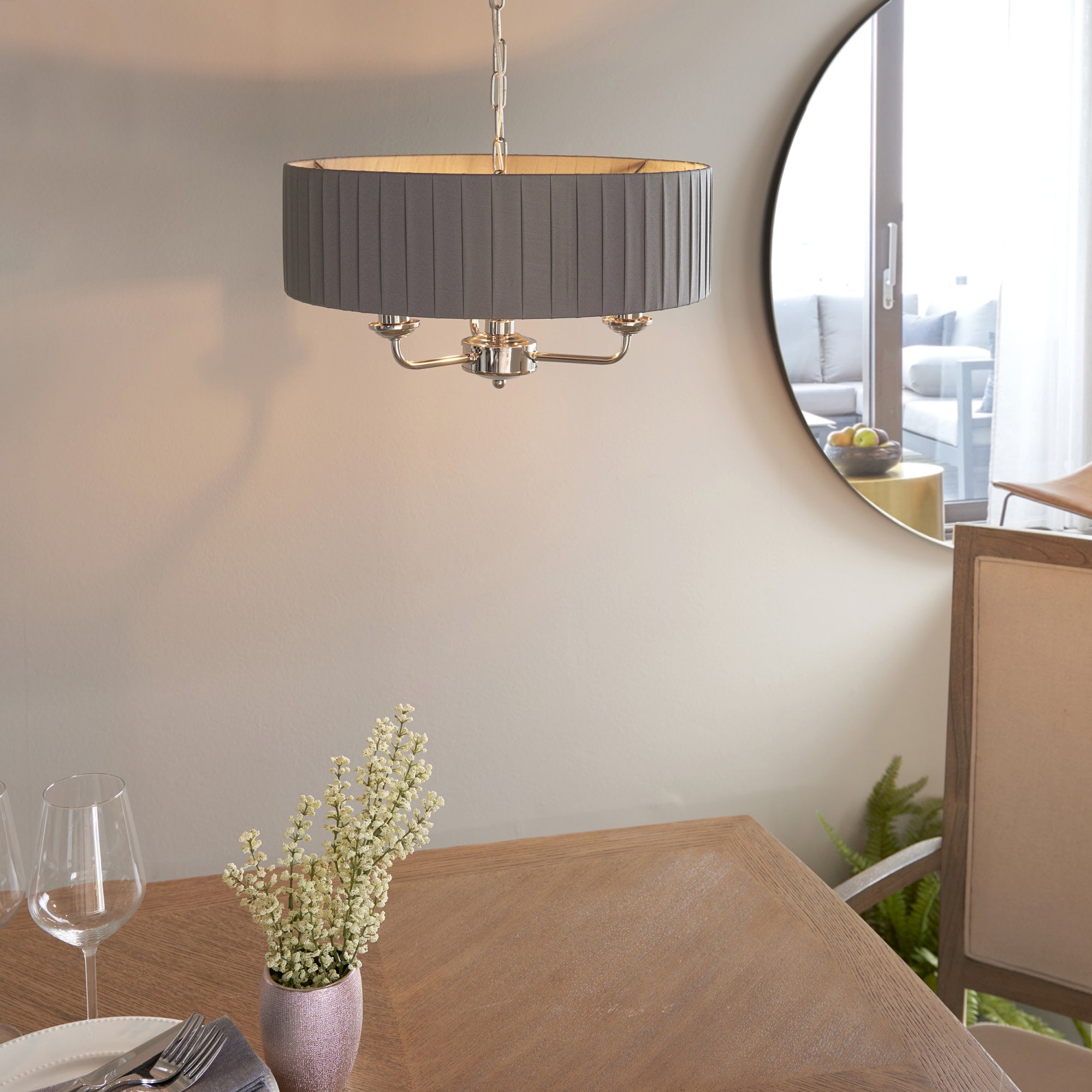 Endon Highclere 3 Light Pendant - Bright Nickel Plate & Wrapped Charcoal Fabric