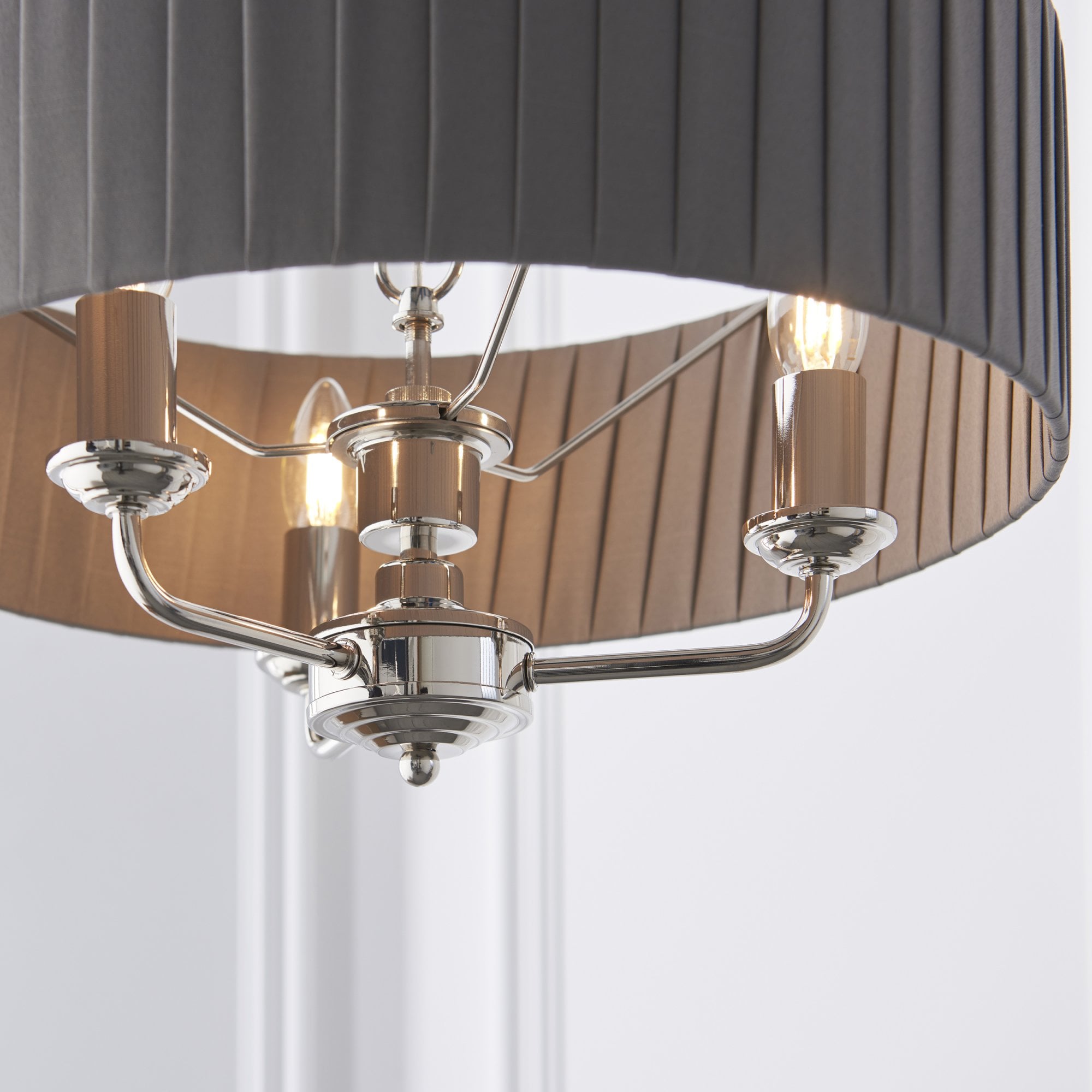 Endon Highclere 3 Light Pendant - Bright Nickel Plate & Wrapped Charcoal Fabric