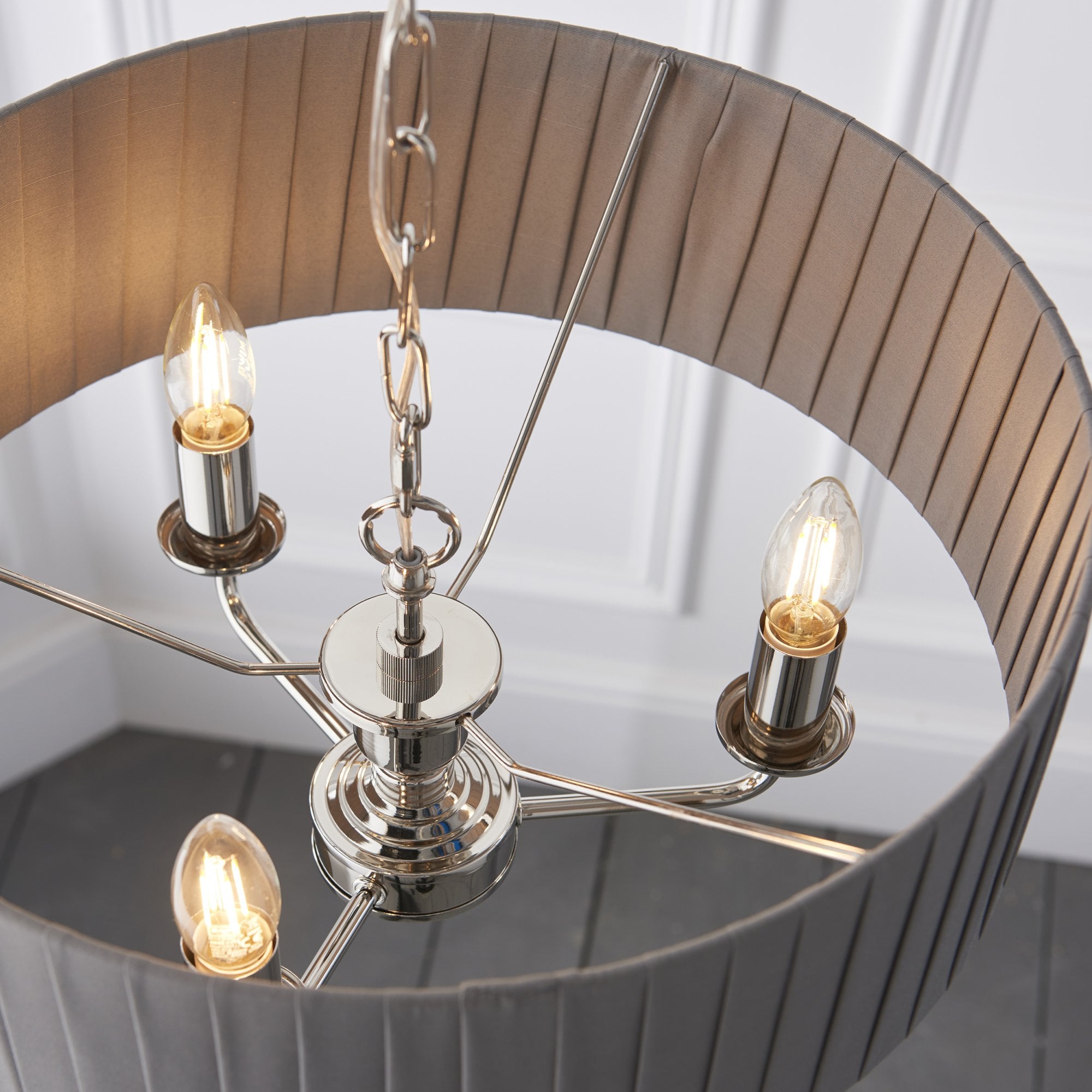 Endon Highclere 3 Light Pendant - Bright Nickel Plate & Wrapped Charcoal Fabric