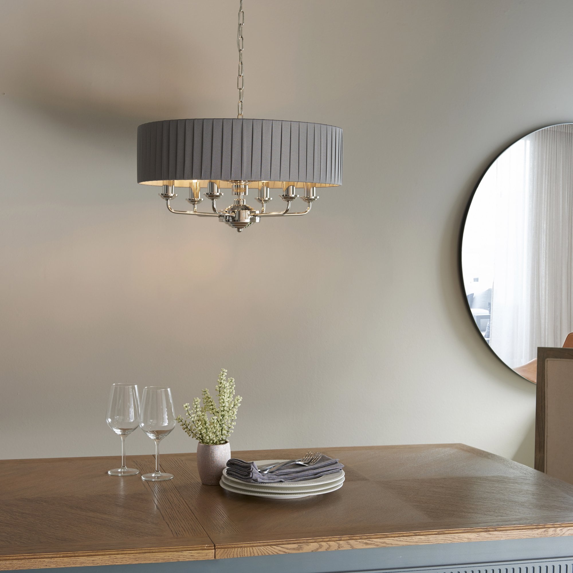 Endon Highclere 6 Light Pendant - Bright Nickel Plate & Wrapped Charcoal Fabric