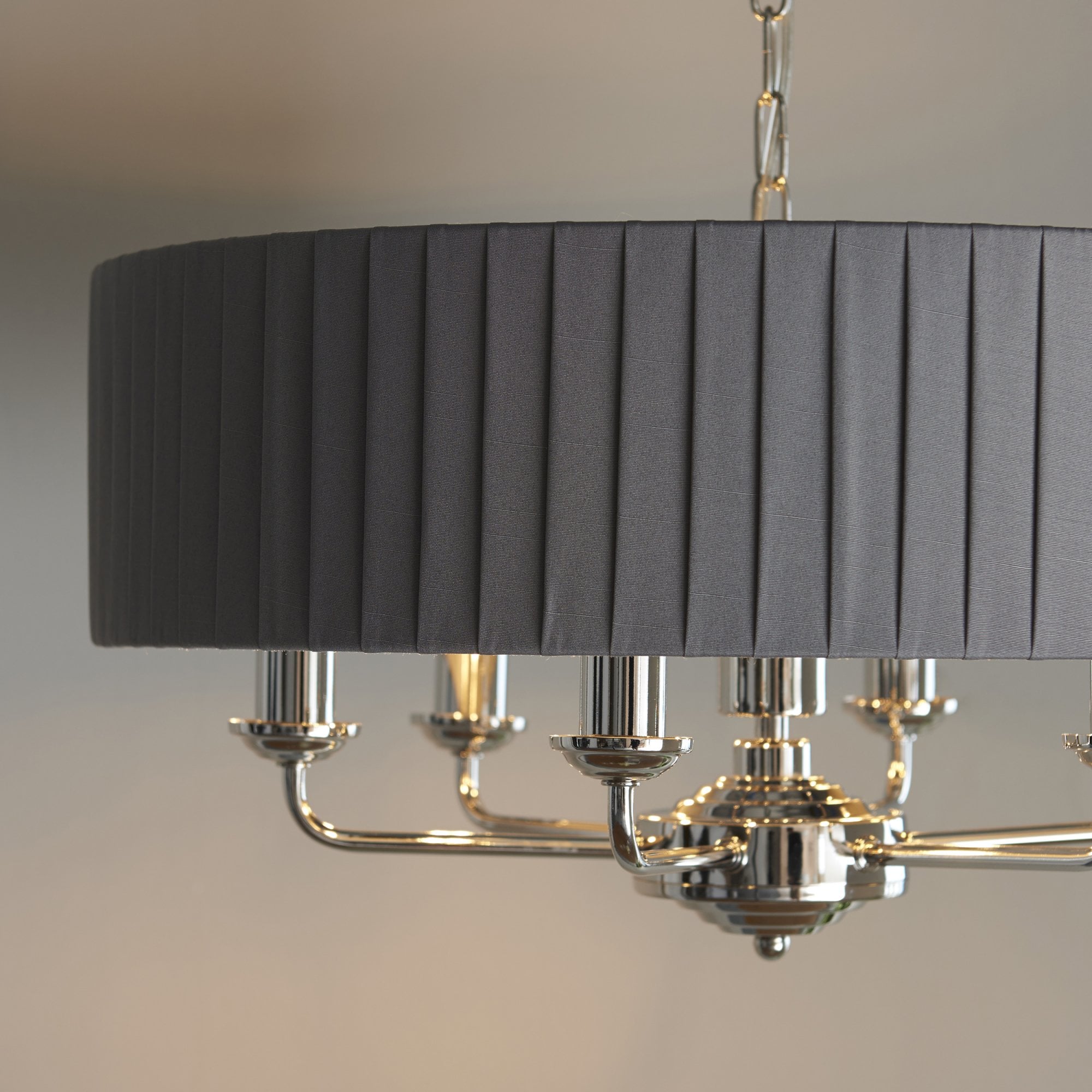 Endon Highclere 6 Light Pendant - Bright Nickel Plate & Wrapped Charcoal Fabric
