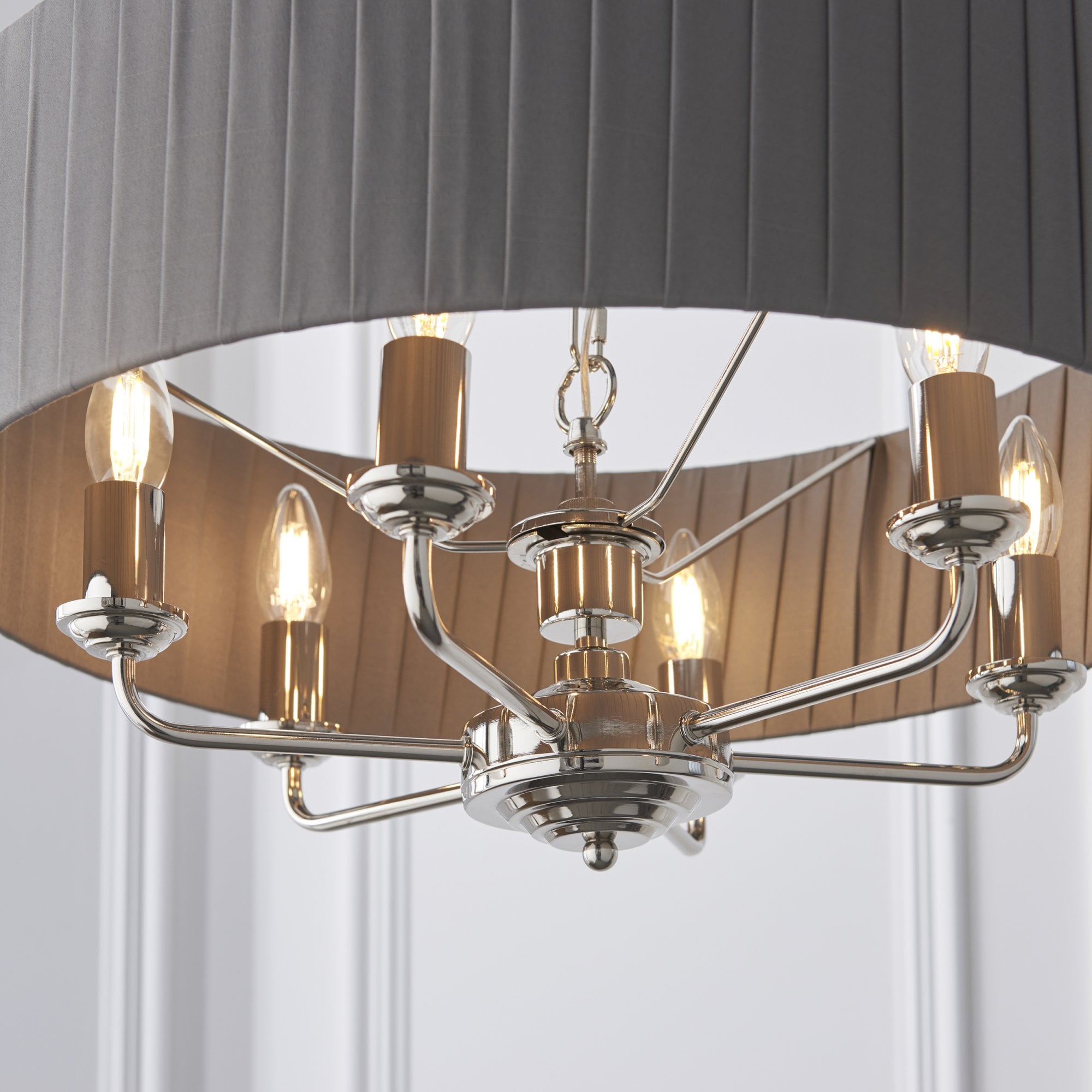 Endon Highclere 6 Light Pendant - Bright Nickel Plate & Wrapped Charcoal Fabric
