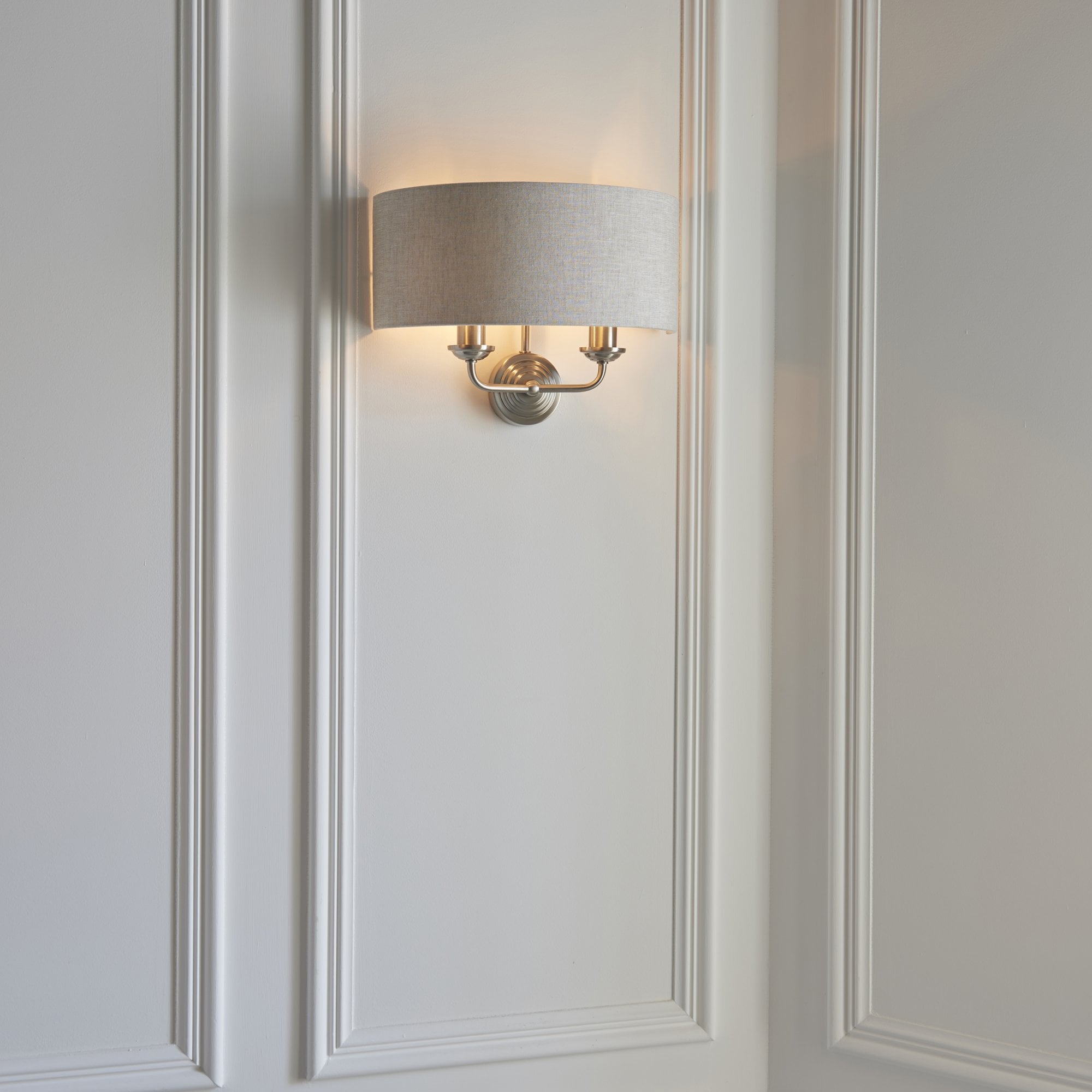 Endon Highclere 2 Light Wall Light - Brushed Chrome Plate & Neutral Linen