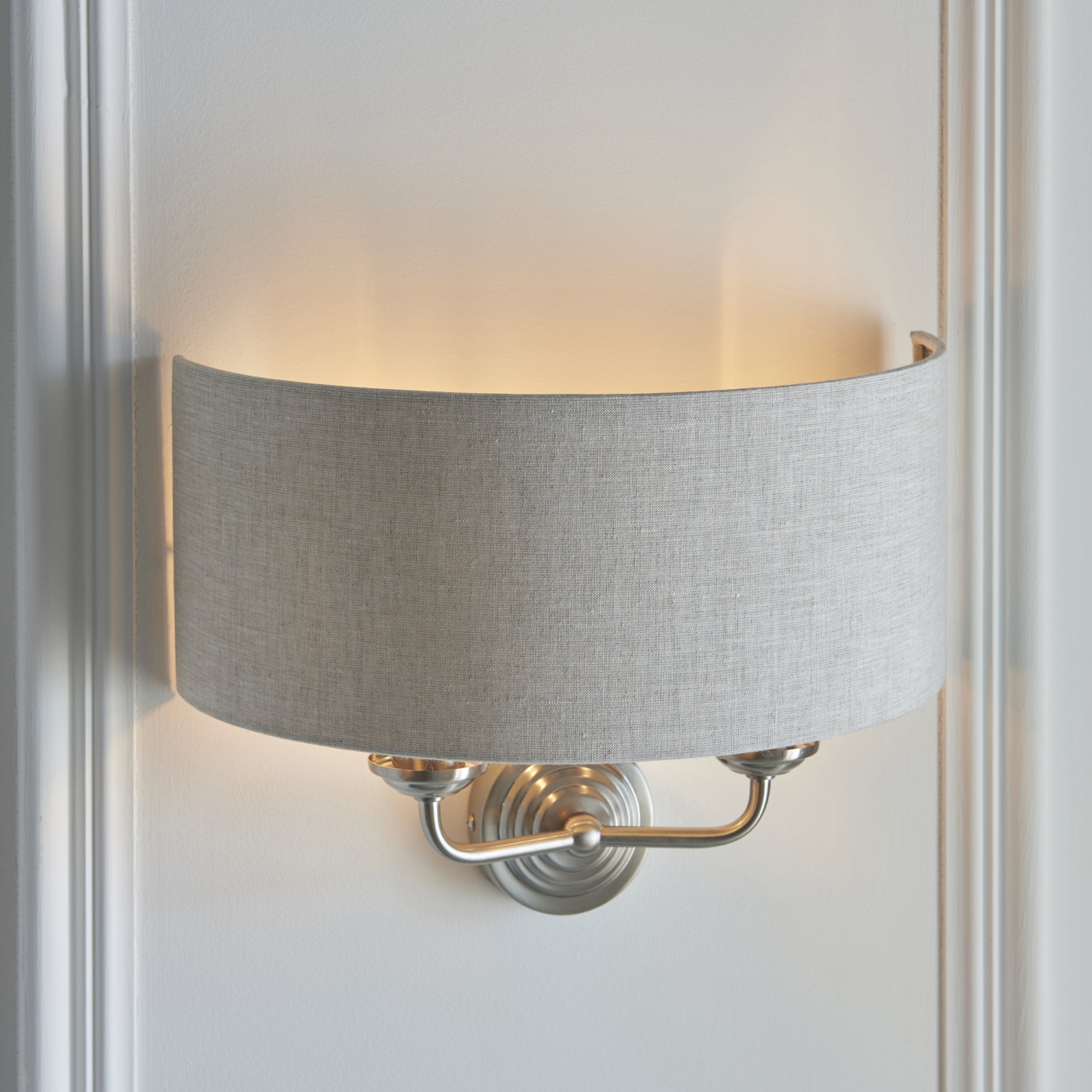Endon Highclere 2 Light Wall Light - Brushed Chrome Plate & Neutral Linen