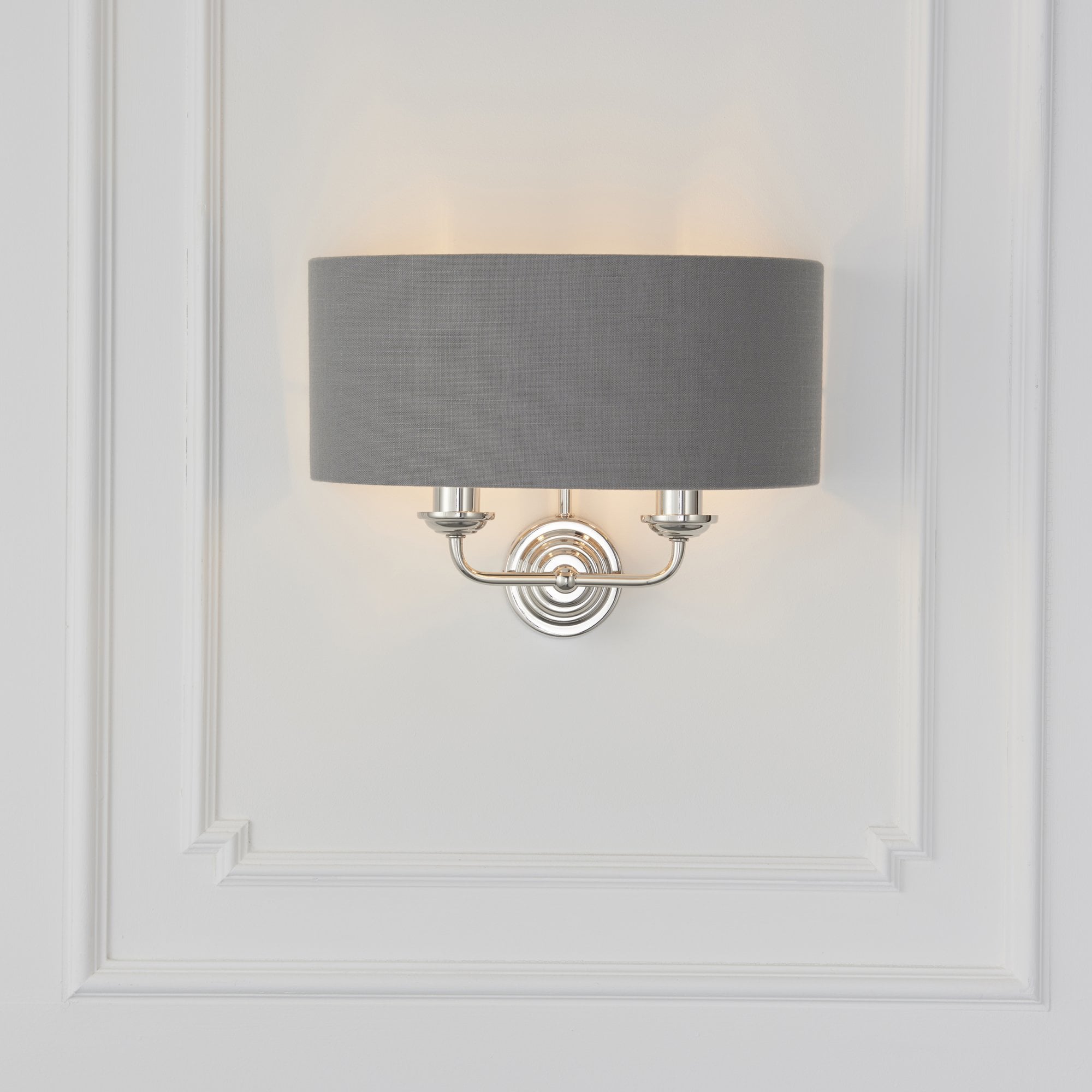 Endon Highclere 2 Light Wall Light - Bright Nickel Plate & Charcoal Fabric